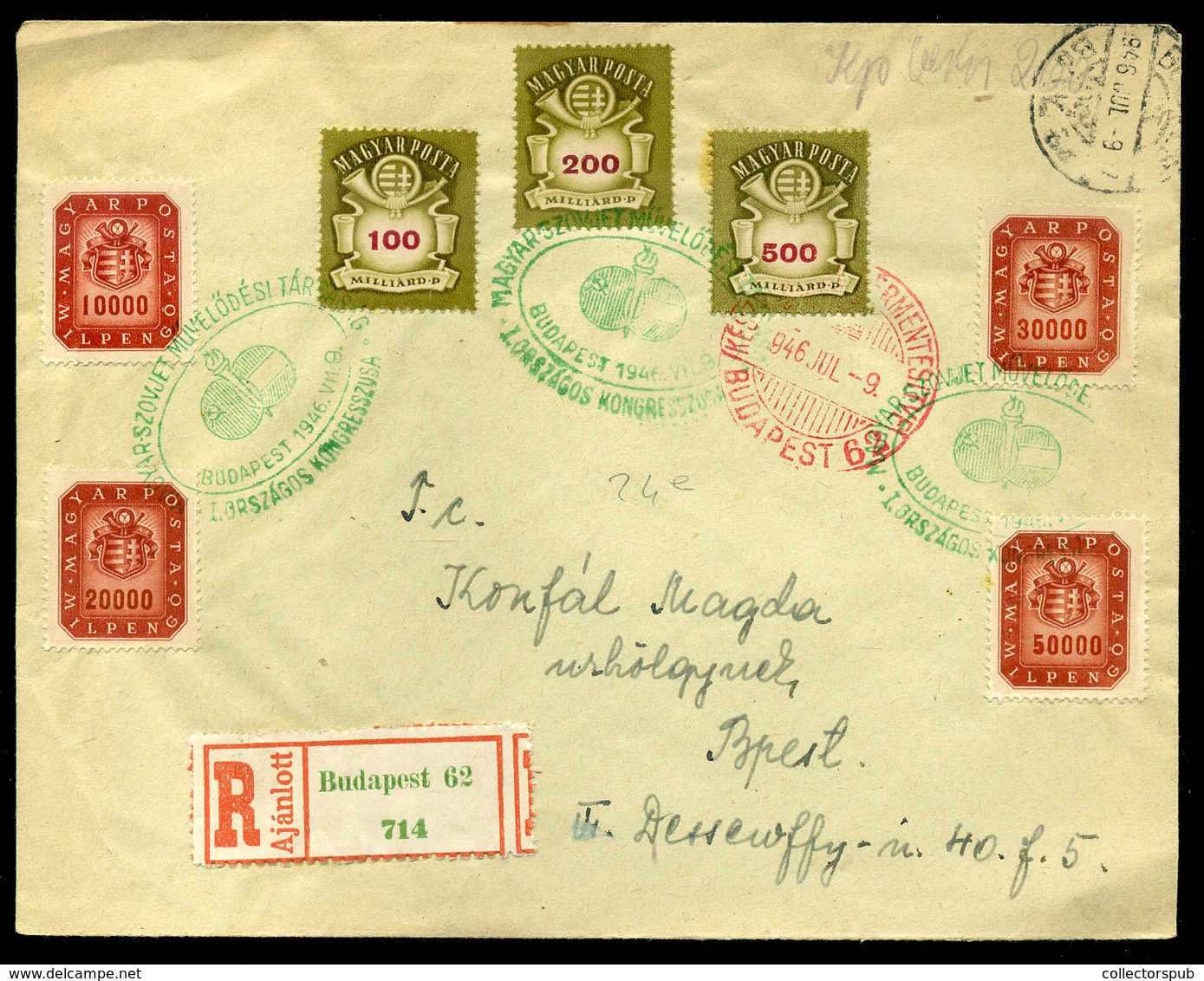 BUDAPEST 1946.07.09. Helyi Alkalmi Bélyegzésű Ajánlott Infla Levél / Local 20g Registered Cover 7 Stamps Without Value+c - Briefe U. Dokumente