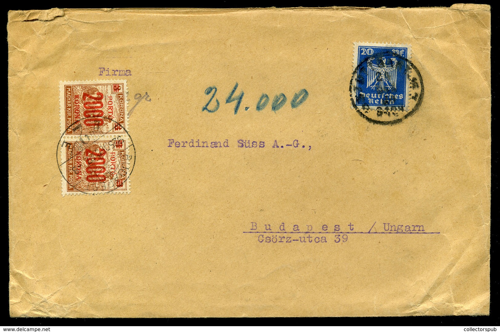 1925 Levél Németországból, 6 Bélyeges 24000K-s Inflációs Portózással  /  Letter From Germany 6 Stamp 24000K Infl. Postag - Briefe U. Dokumente