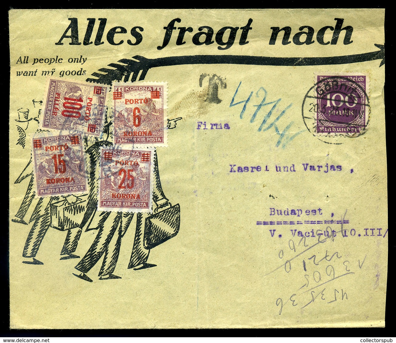 1923. Levél Németországból, Igen Ritka 4 Címletű, Négybélyeges Inflációs Portózással  /  Letter From Germany Very Rare 4 - Covers & Documents