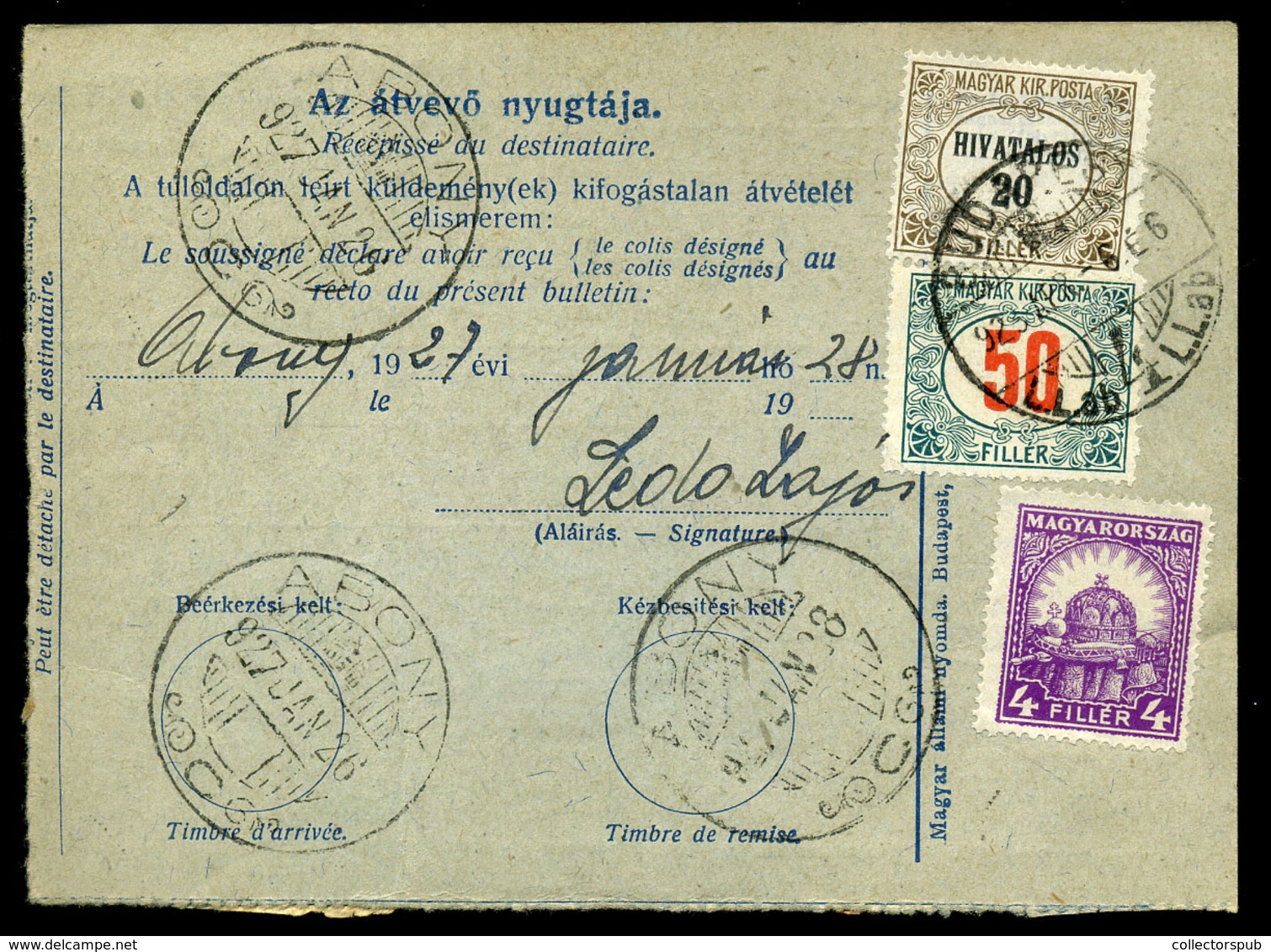 BUDAPEST 1927. Utánvételes Csomagszállító Abonyból Visszaküldve, Hivatalos(!) és Portó Bélyeggel Vegyesen Portózva!  /   - Covers & Documents