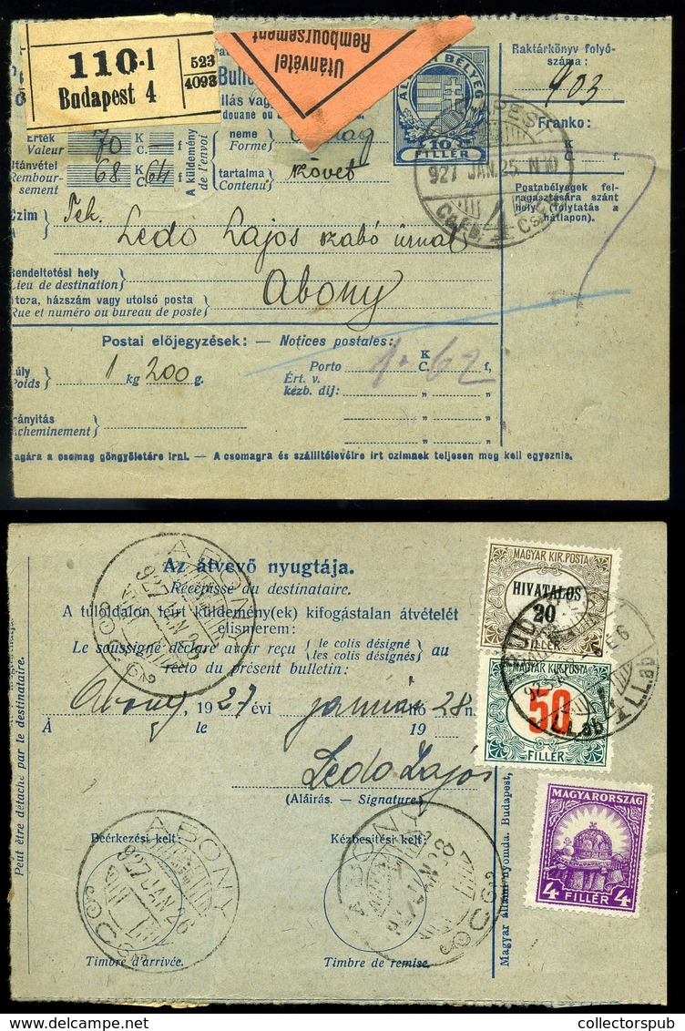 BUDAPEST 1927. Utánvételes Csomagszállító Abonyból Visszaküldve, Hivatalos(!) és Portó Bélyeggel Vegyesen Portózva!  /   - Covers & Documents
