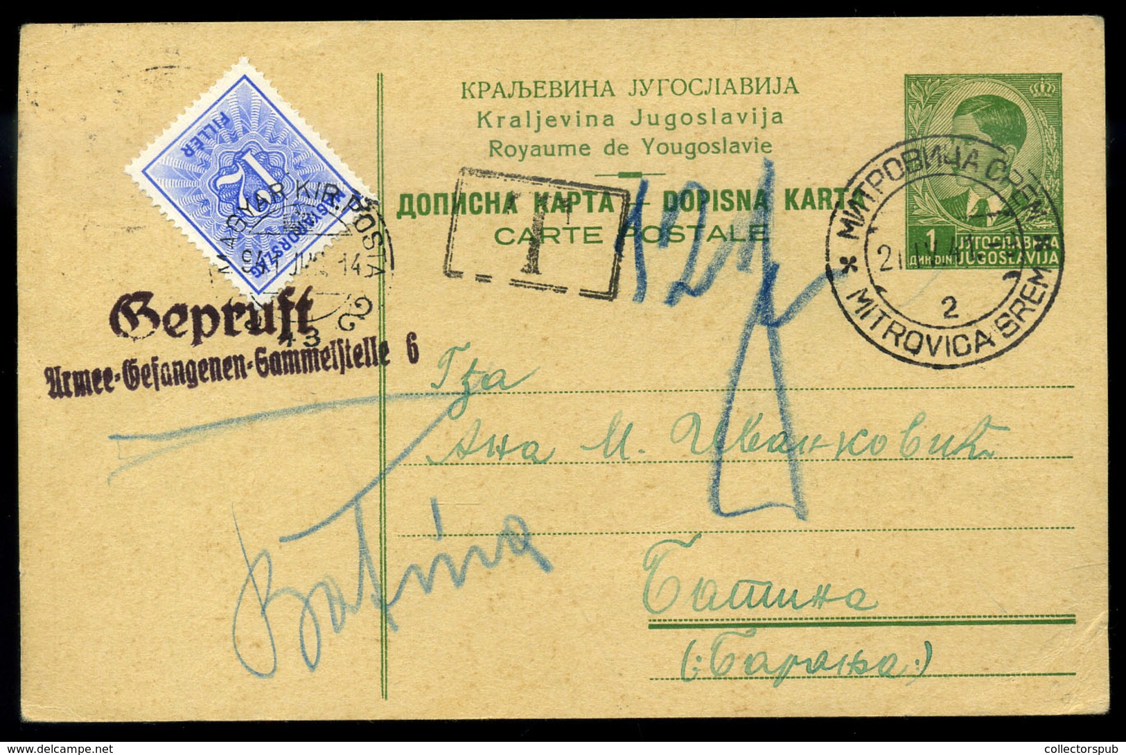 MITROVICA 1941. Jugoszláv Díjjegyes Levlap 12f Portózással M.kir.posta Bélyegzéssel, Cenzúrázva, Kiskőszegre Küldve,érde - Covers & Documents