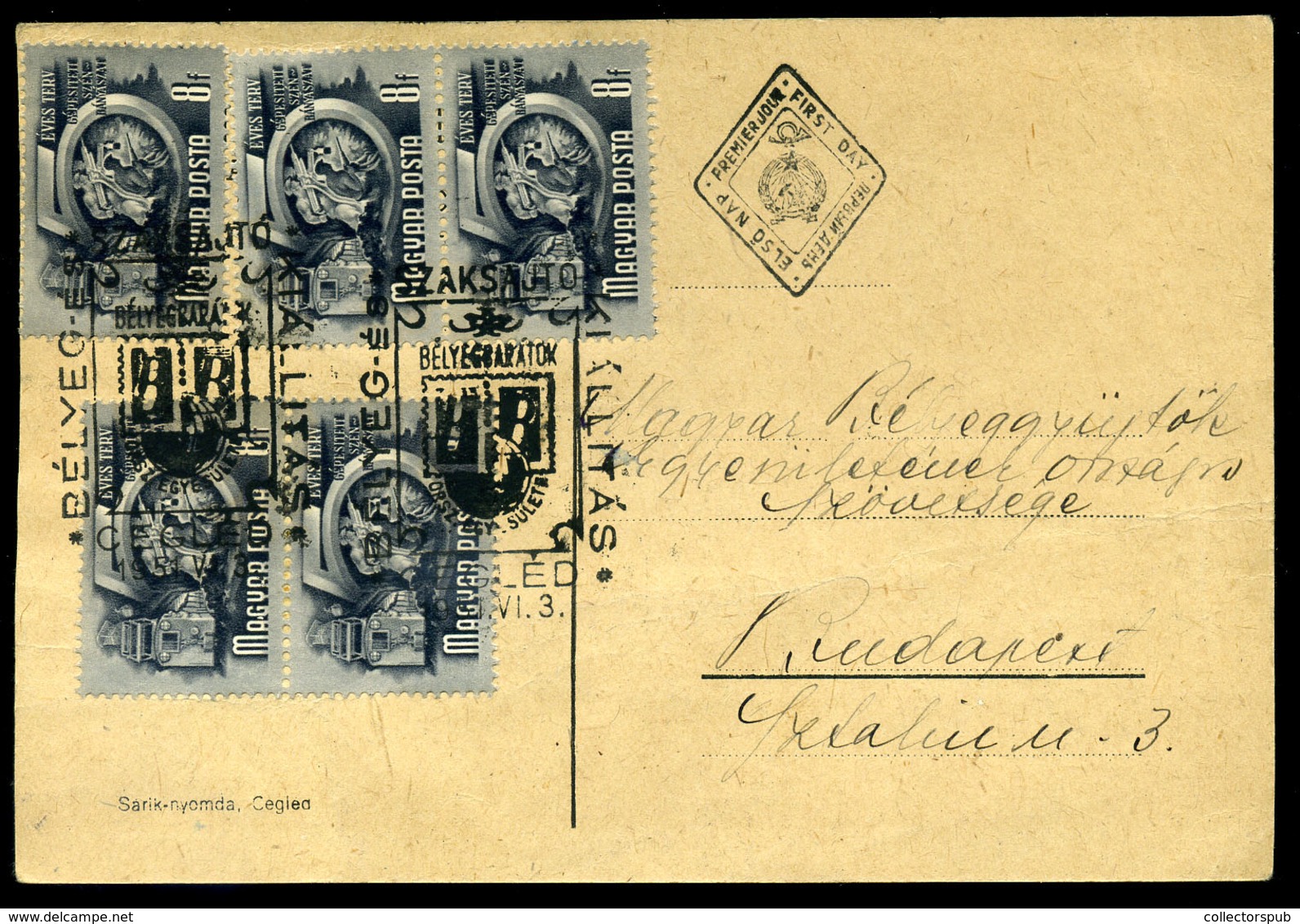 CEGLÉD 1951. ötéves Terv FDC Levlap, Ritka Kiállítási Bélyegzéssel Budapestre  /  5 Year Plan FDC P.card Rare Expo Pmk T - Covers & Documents