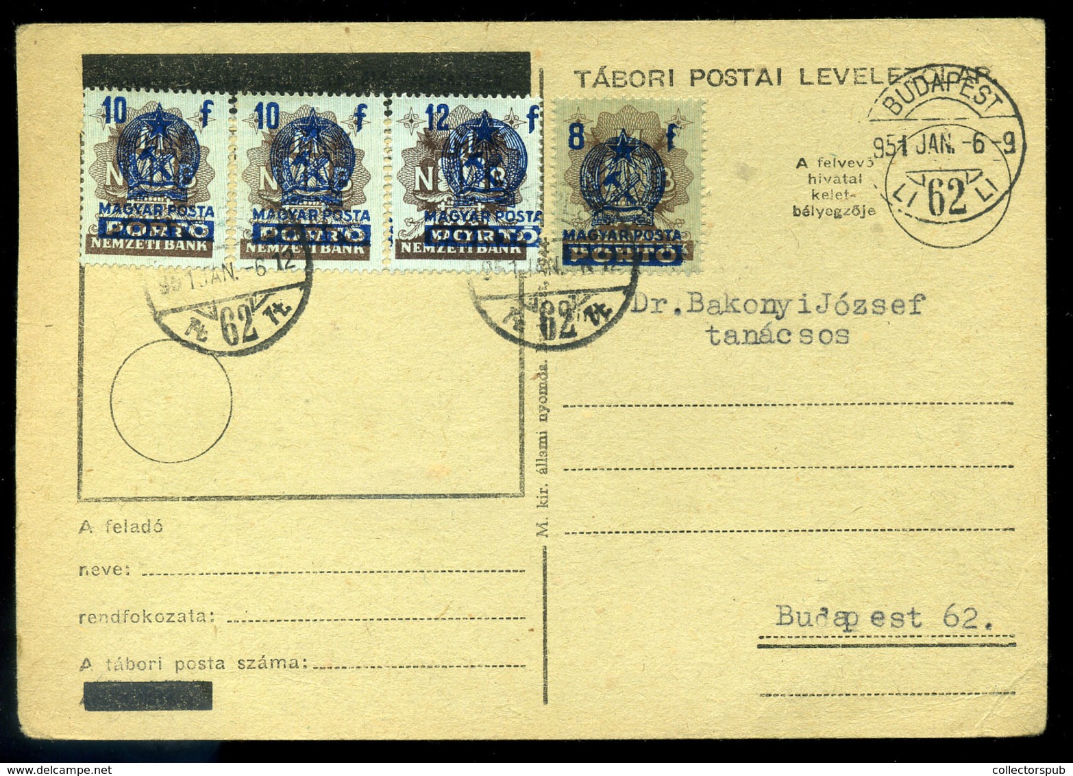 BUDAPEST 1951. Levlap 4db Bankjegy Portó Bélyeggel  /  P.card 4 Bank Note Postage Due Stamps - Covers & Documents