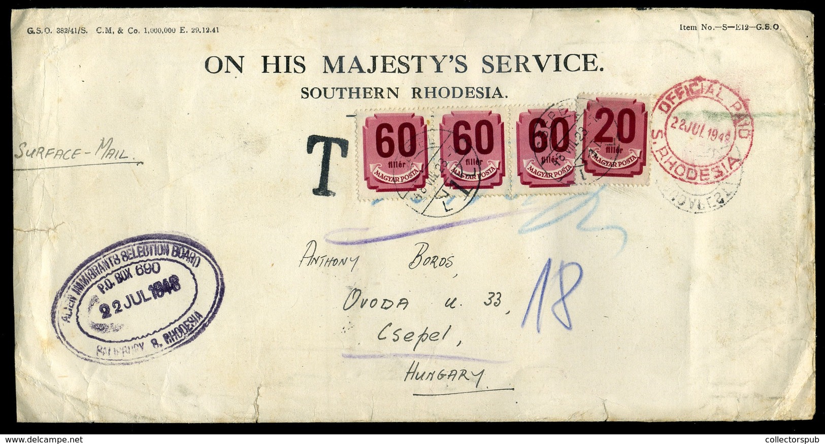 1948. Levél Dél-rodéziából Csepelre Küldve, Portózva !  /  Letter From South -Rodesia To Csepreg, Postage Due - Covers & Documents