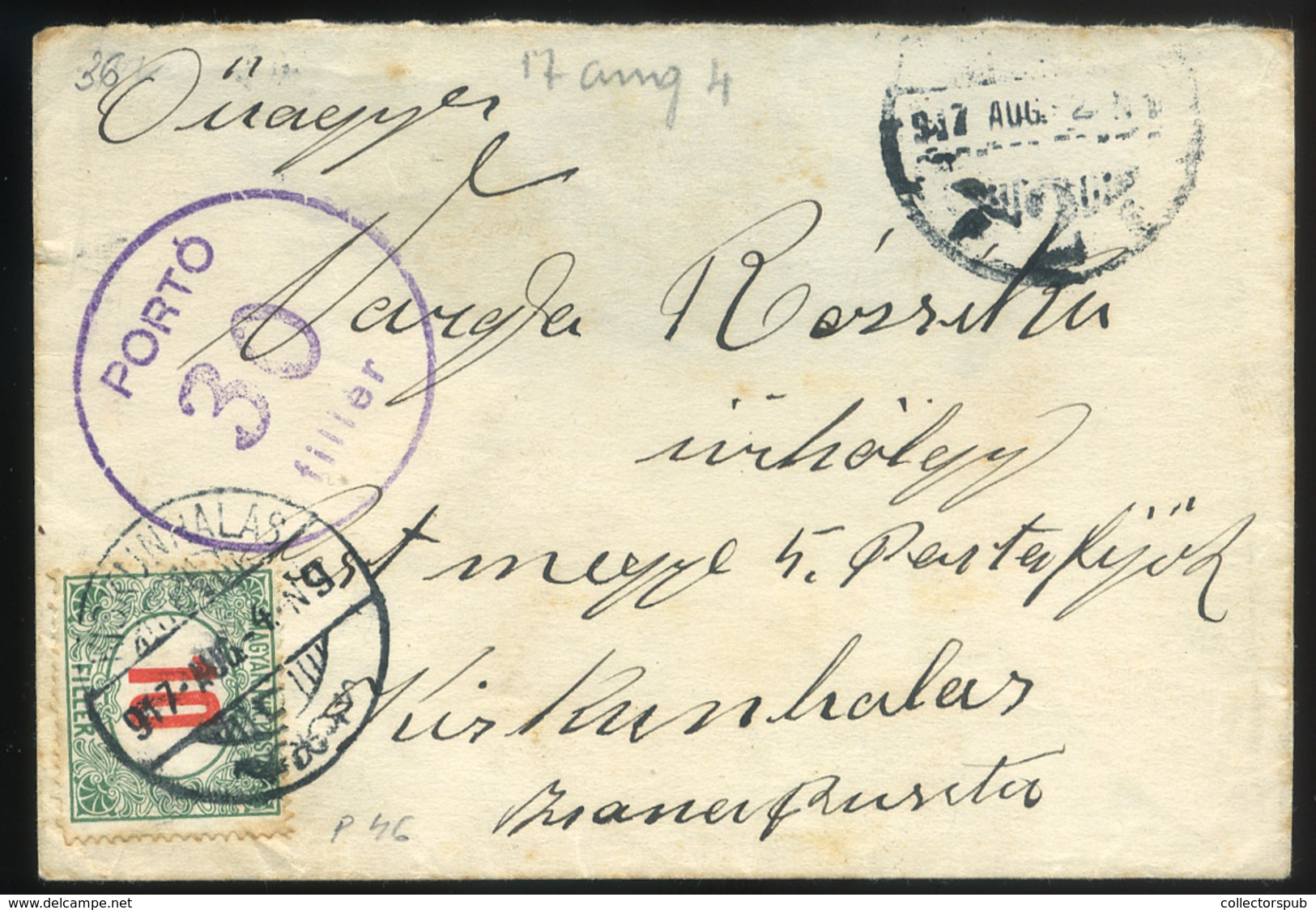 BUDAPEST 1917. Levél Kiskunhalasra Küldve 10f Portózással és Ritka 30f Portóbélyegzéssel (hátul Hiány)  /  Letter To Kis - Used Stamps