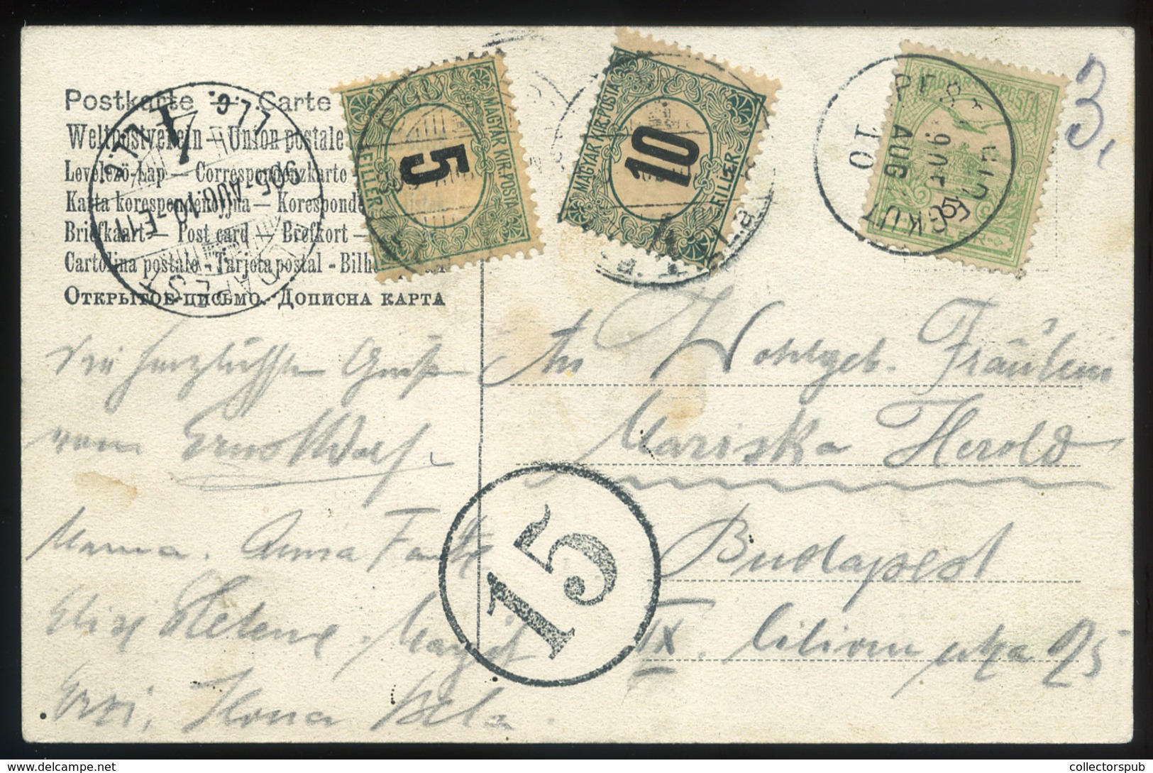 PESTHIDEGKÚT 1905. Képeslap Budapestre Küldve, 10+5f Portózással, 15f Portó Bélyegzéssel  /  Vintage Pic. P.card   To Bu - Used Stamps