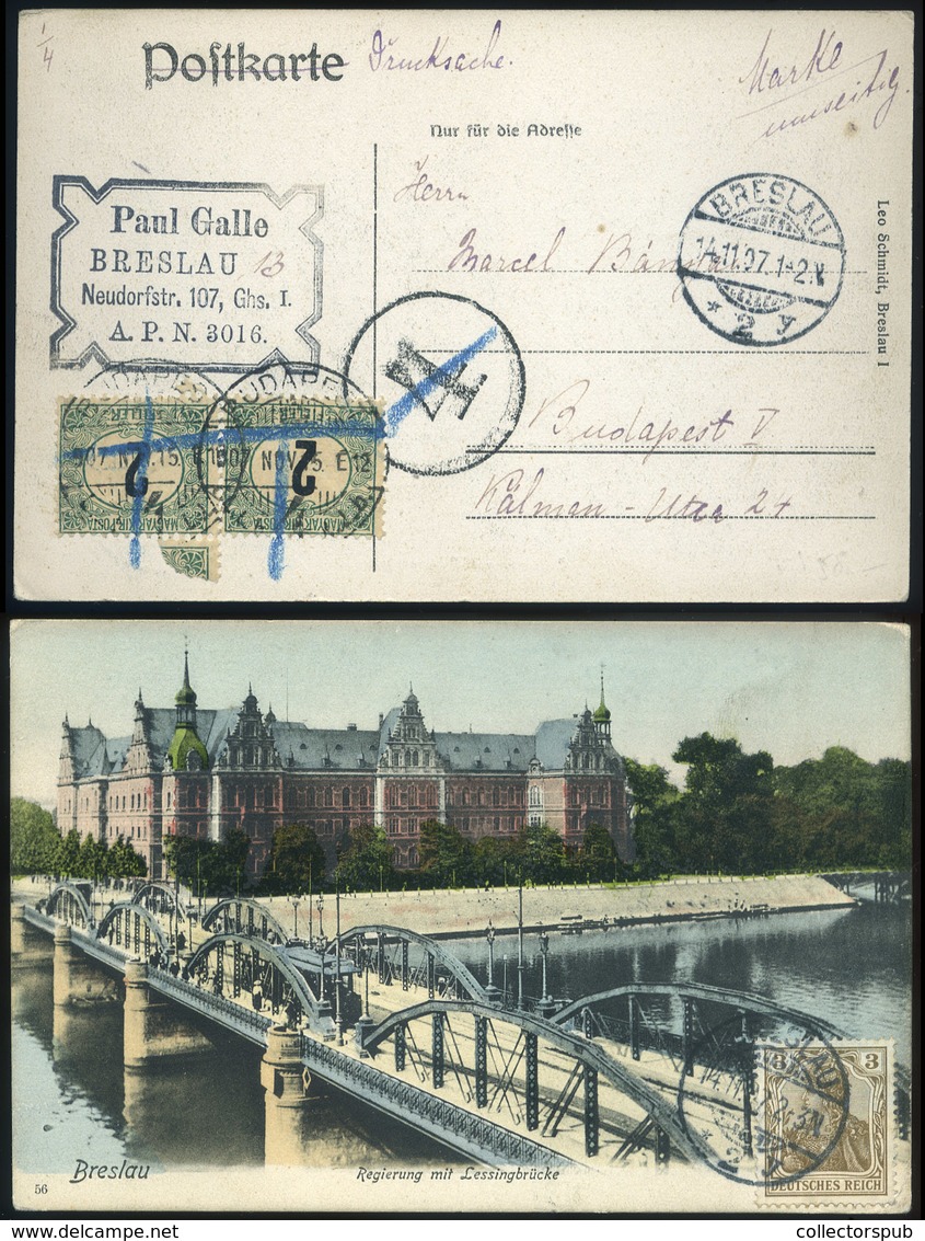 1907. Képeslap Breslauból Budapestre Küldve 2*2f Portóbélyeggel 4f Portó Bélyegzéssel  /  Vintage Pic. P.card  From Bres - Used Stamps