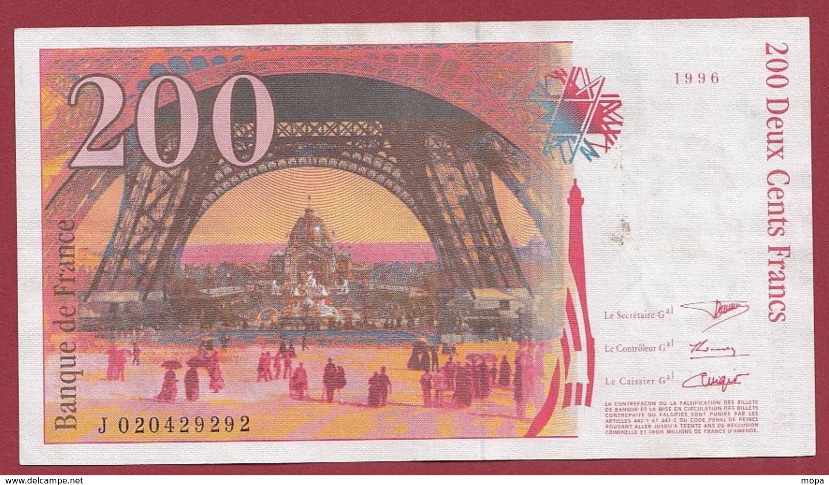 200 Francs "Eiffel" 1996----F/TTB+---ALPH -J- Numéro 020429292 - 200 F 1995-1999 ''Eiffel''