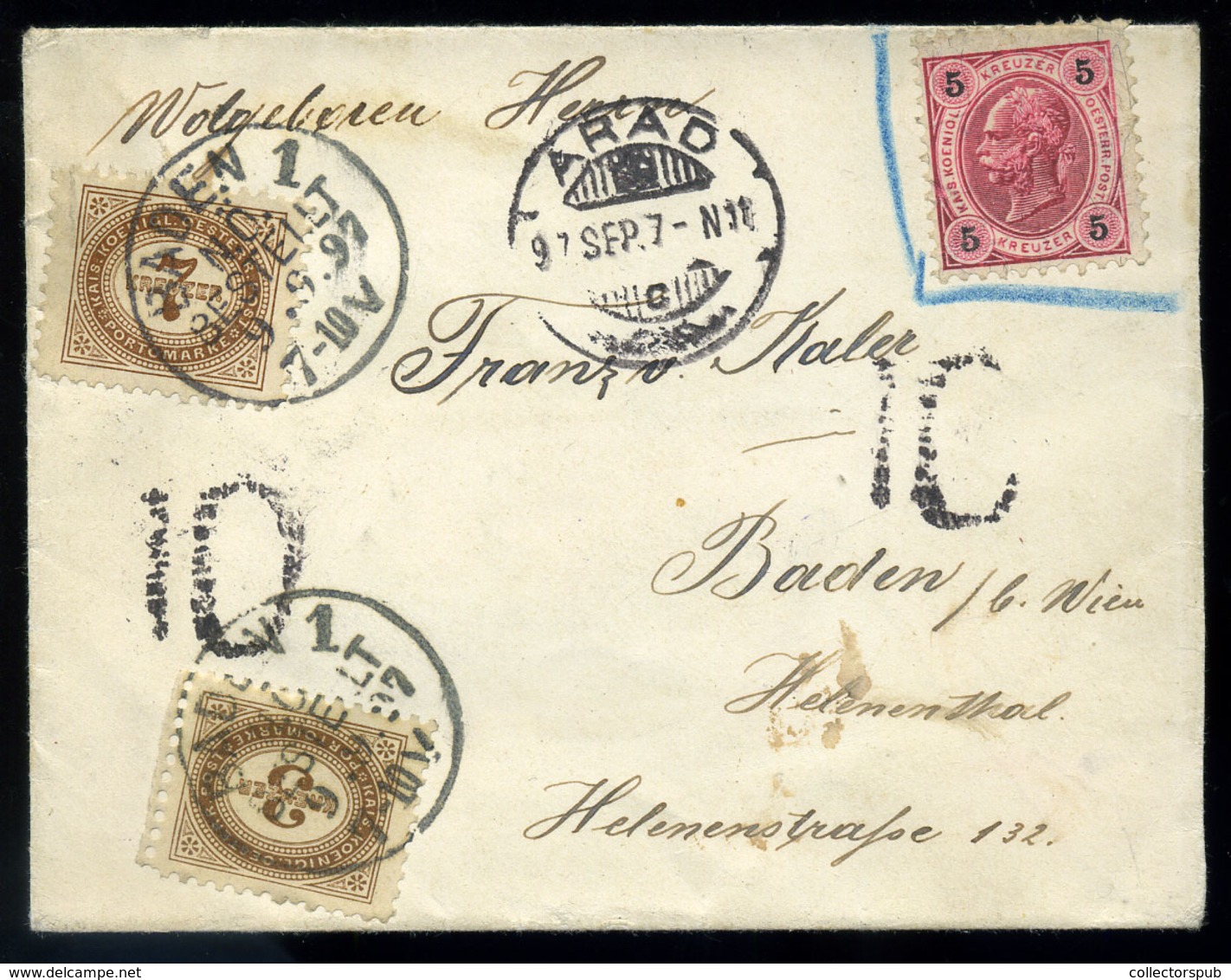 ARAD 1897. Levél, Osztrák Bélyeggel Feladva Badenbe Küldve 10kr Portózással, Látványos, érdekes Darab!  /  Letter Austri - Covers & Documents