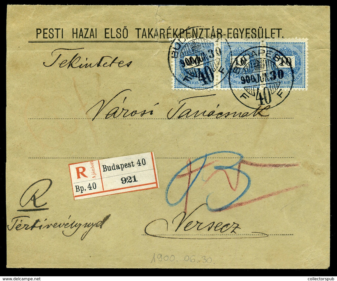 BUDAPEST 1900.06.30. Tértivevényes Ajánlott Levél Még 3*10Kr-ral Versecre Küldve (tarifa Helyesen) Ritka, Krajcáros Külö - Used Stamps