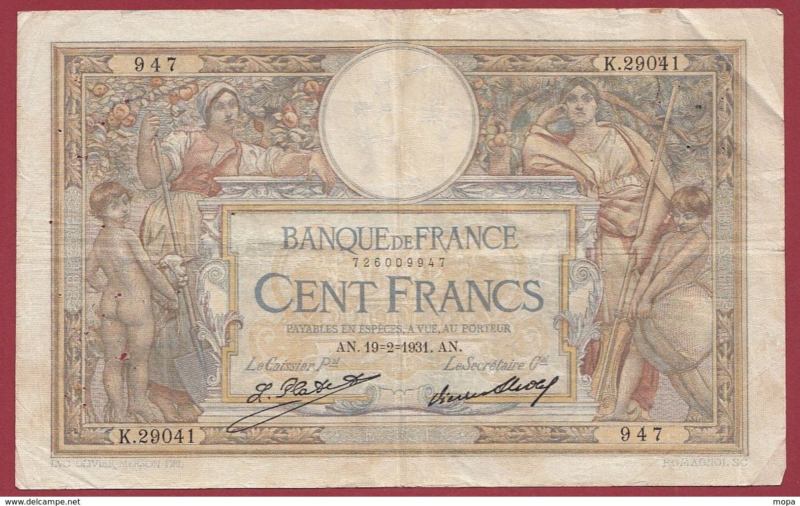 100 Francs "Luc Olivier Merson" Du 19/02/1931.AN----F/TTB+---ALPH K.29041 - 100 F 1908-1939 ''Luc Olivier Merson''