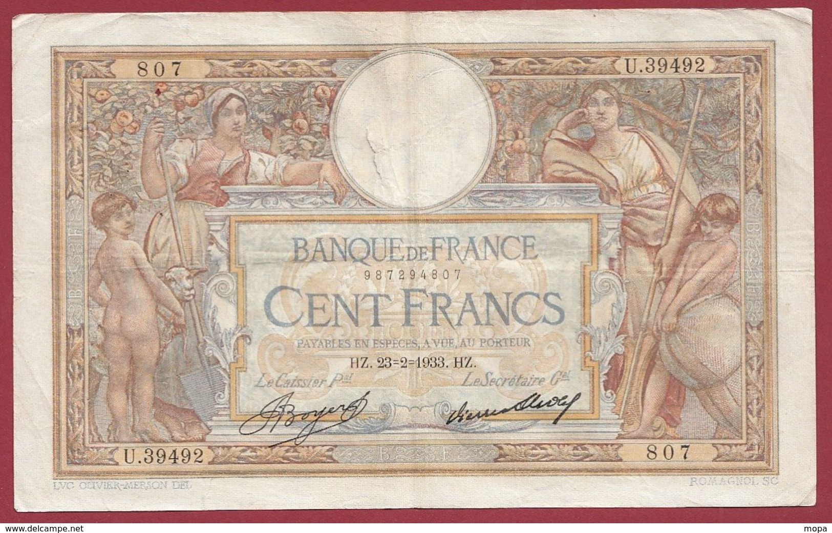 100 Francs "Luc Olivier Merson" Du 23/02/1933.H.Z----F/TTB+---ALPH .U.39492 - 100 F 1908-1939 ''Luc Olivier Merson''