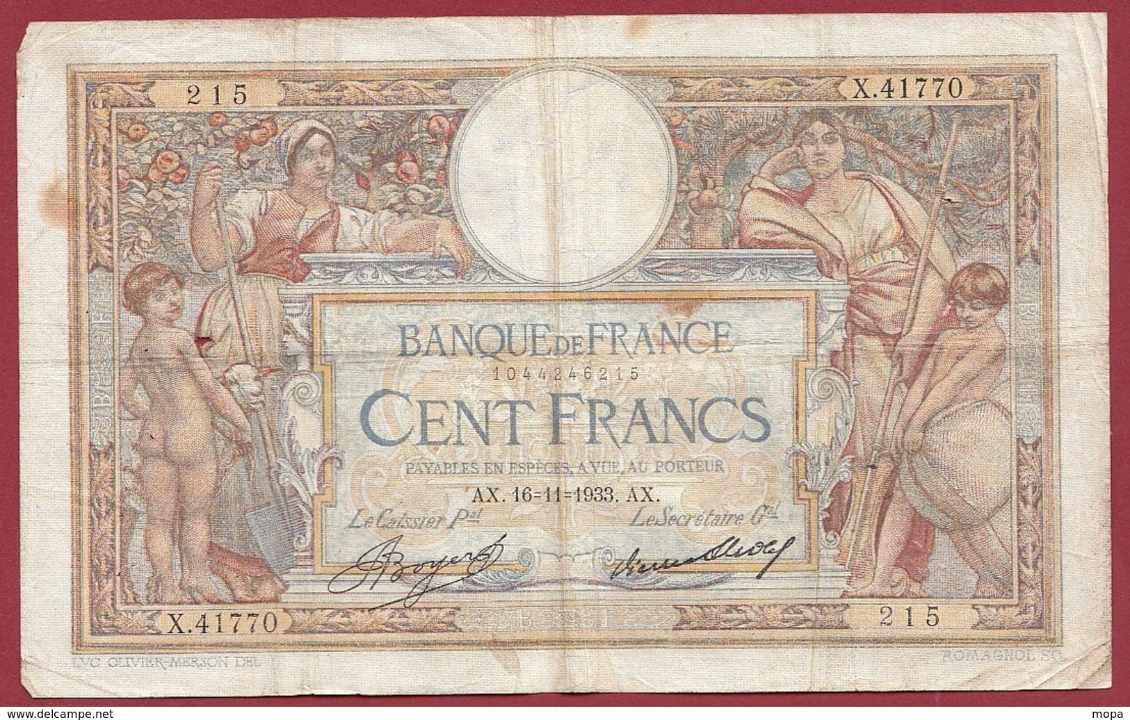 100 Francs "Luc Olivier Merson" Du 16/11/1933.A.X----F/TTB+---ALPH .X.41770 - 100 F 1908-1939 ''Luc Olivier Merson''