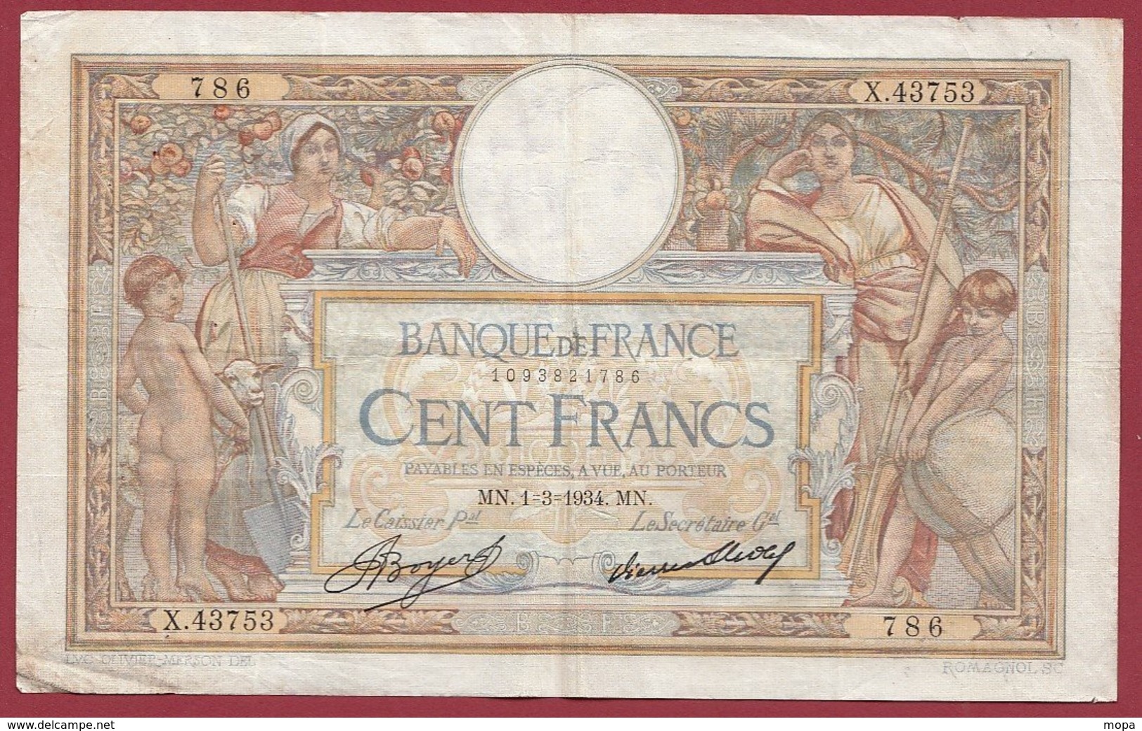 100 Francs "Luc Olivier Merson" Du 01/03/1934.M.N----F/TTB+---ALPH .X.43753 - 100 F 1908-1939 ''Luc Olivier Merson''