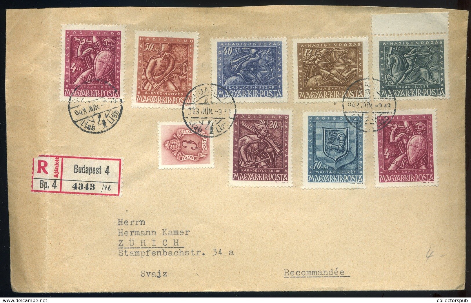 BUDAPEST 1943. Ajánlott Levél Hadigondozás Bélyegekkel Svájcba Küldve  /  Reg. Letter Military Care Stamps To Switzerlan - Covers & Documents