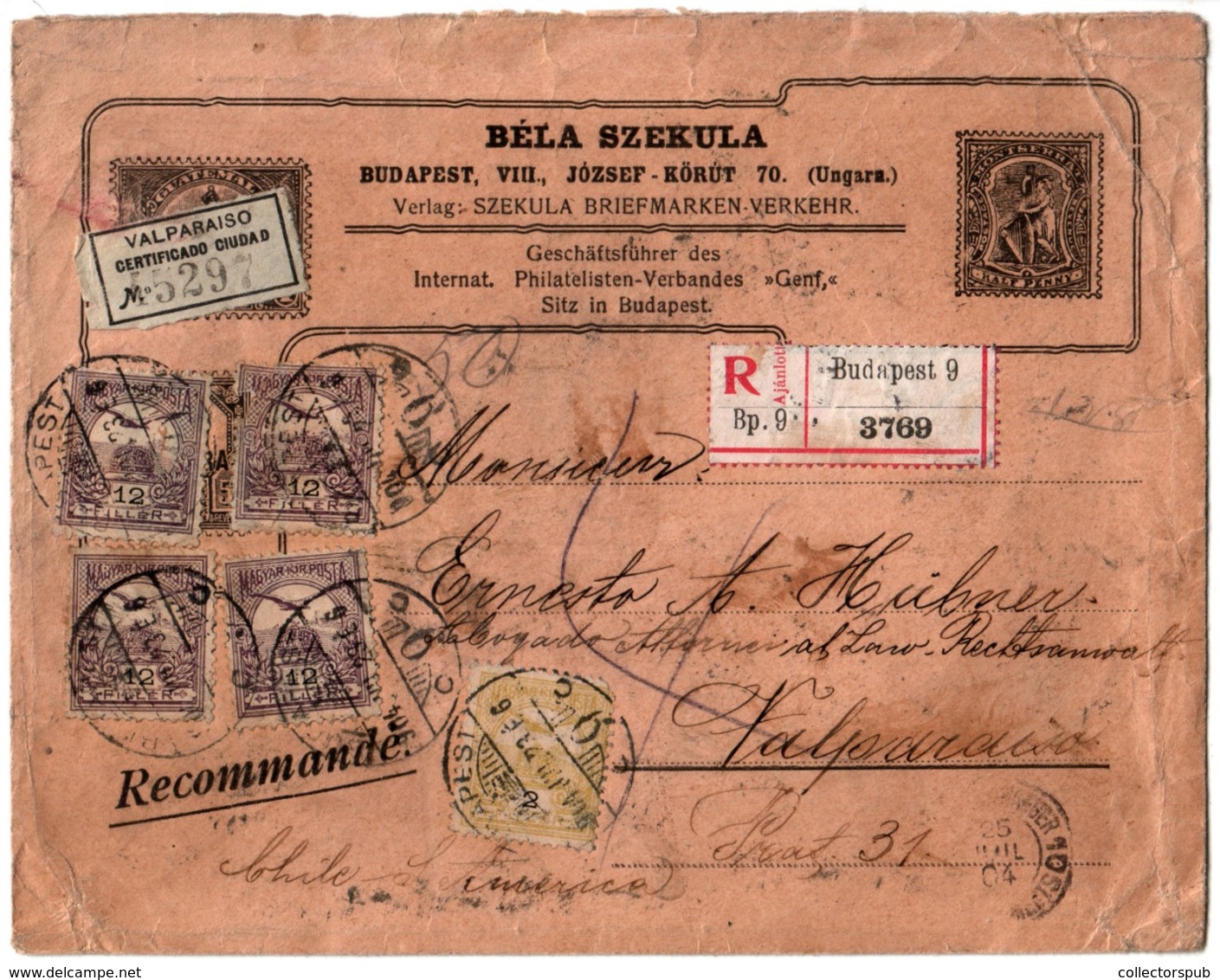 BUDAPEST 1904. Chilébe Küldött Hetedik Súlyfokozatú (105 Grammig) Ajánlott Levél 1,75 Korona Tarifa 14 Darab Turul 12 Fi - Used Stamps