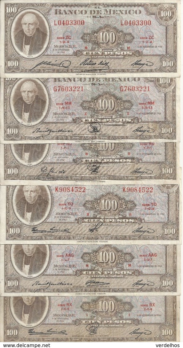 MEXIQUE 100 PESOS 1961 VF P 61 A ( 6 Billets ) 6 Sign Diff 6 Couleurs Diff - Mexiko