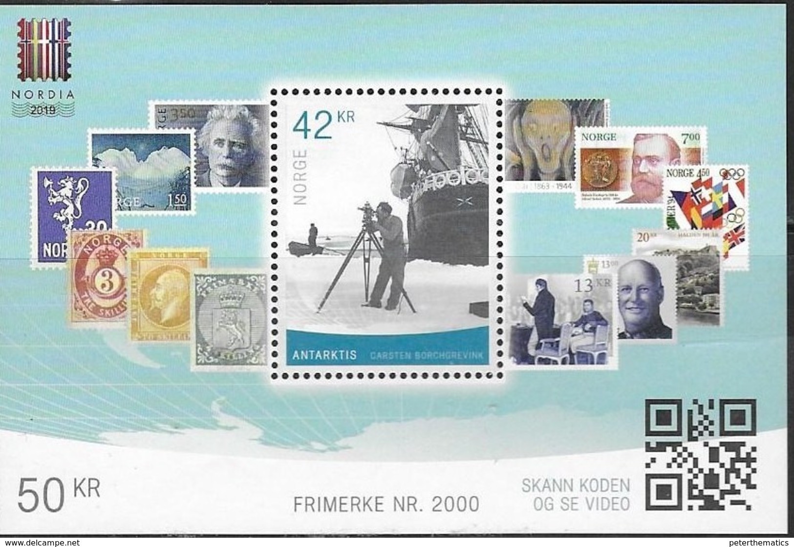 NORWAY, 2019, MNH, NORDIA STAMP EXHIBITION, STAMP NO 2000, STAMP ON STAMP, SHIPS, ANTARCTIC, S/SHEET - Stamps On Stamps