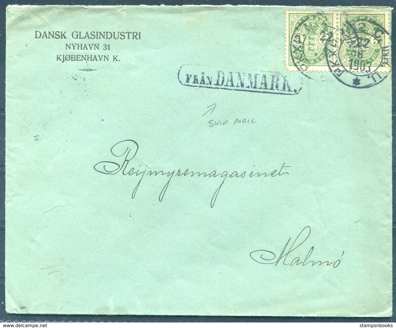 1903 Denmark Dansk Glasindustri, Copenhagen Cover - Malmo Sweden. "FRAN DANMARK" Paquebot PKXP Railway TPO - Briefe U. Dokumente