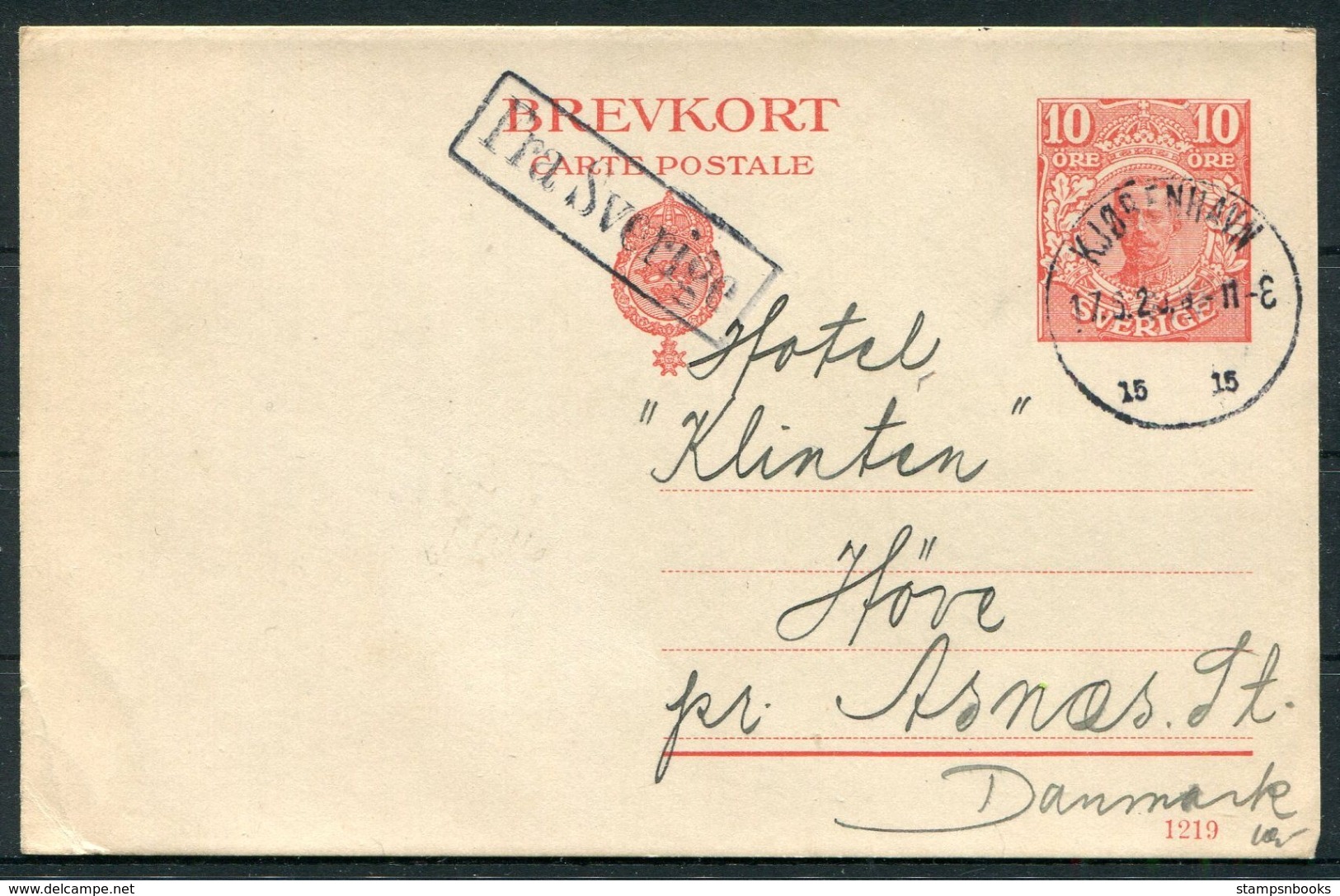 1920 Sweden 10 Ore Brevkort Stationery Postcard. Malmo - Denmark. FRA SVERIGE Paquebot. Copenhagen 15 Arrival - Covers & Documents