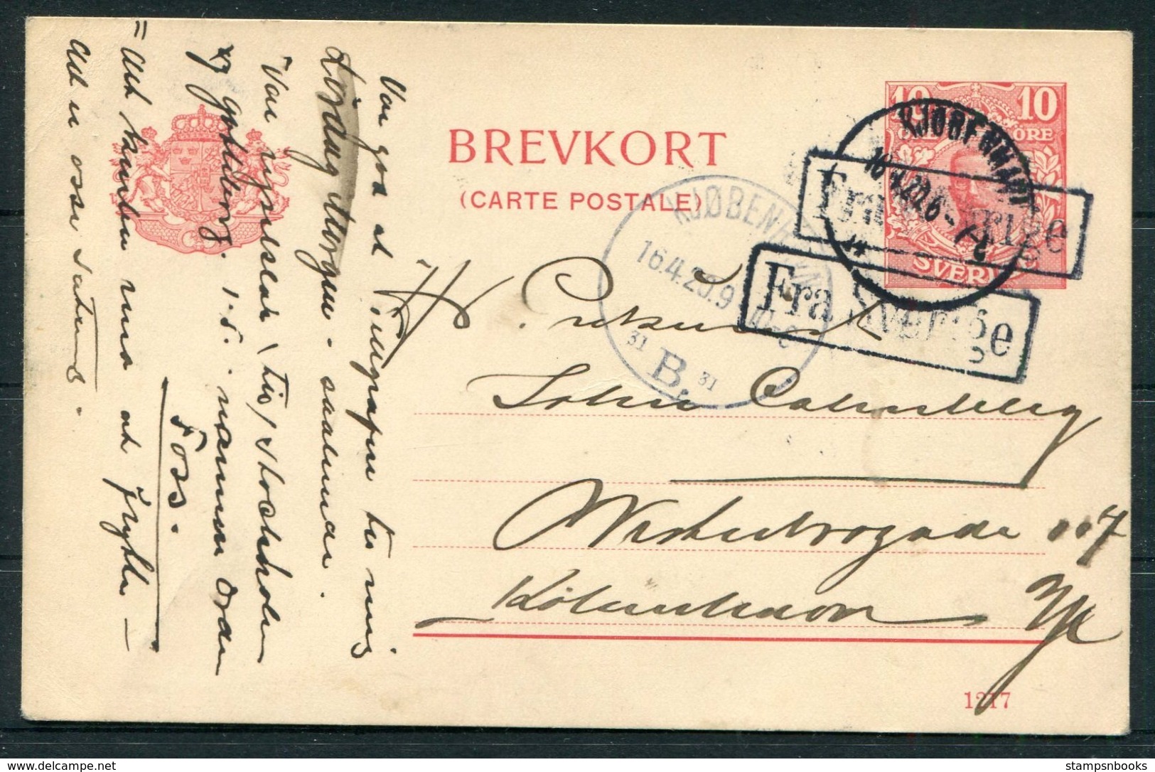 1920 Sweden 10 Ore Brevkort Stationery Postcard - Denmark. FRA SVERIGE Paquebot. Copenhagen - Covers & Documents