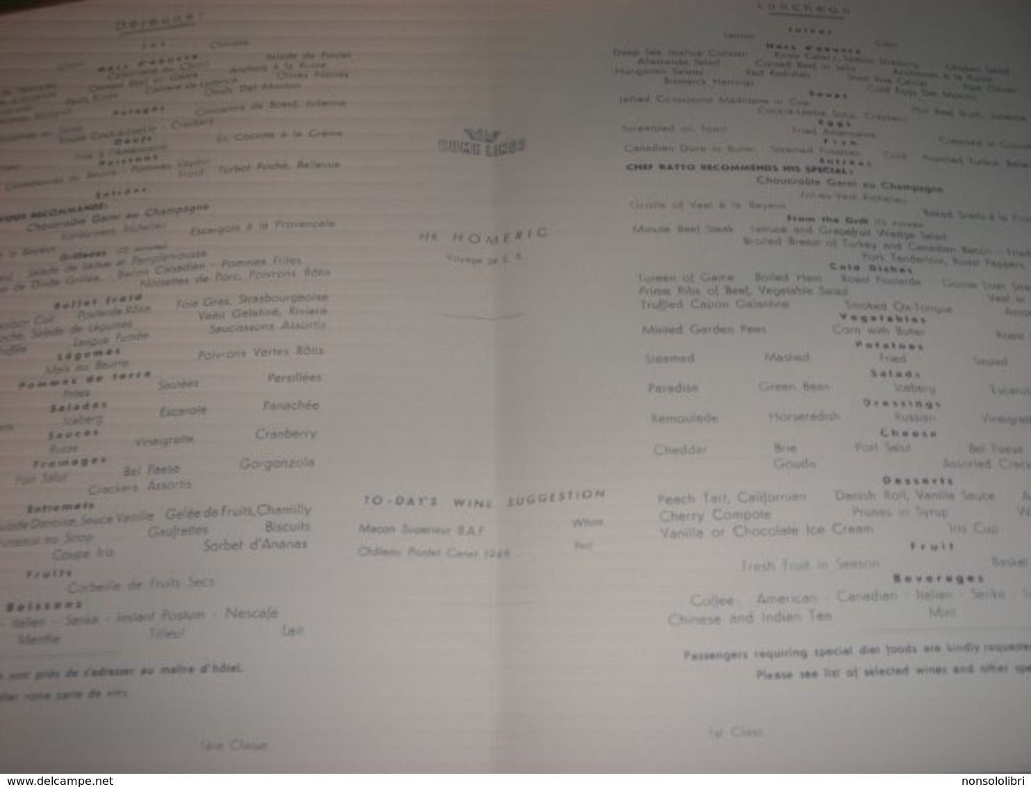 MENU' S/S HOMERIC 1957 - Menu