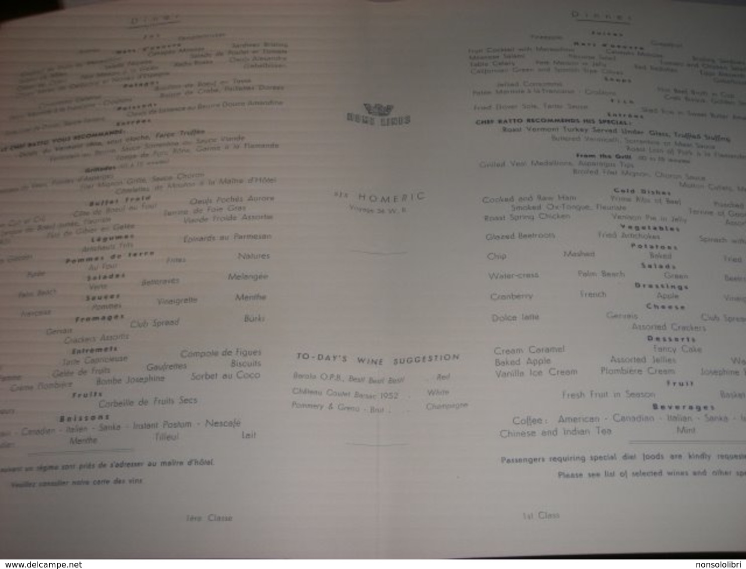 MENU' S/S HOMERIC 1957 - Menu