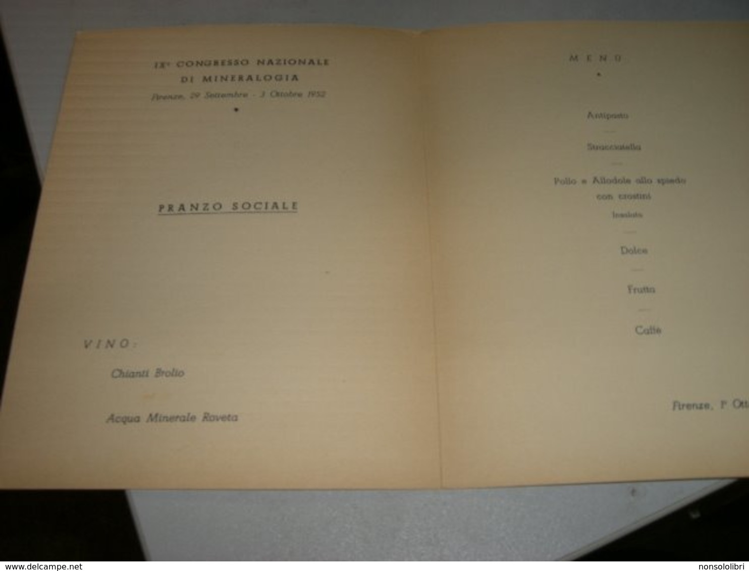 MENU' IX CONGRESSO NAZIONALE DI MINERALOGIA 1952 - Menus