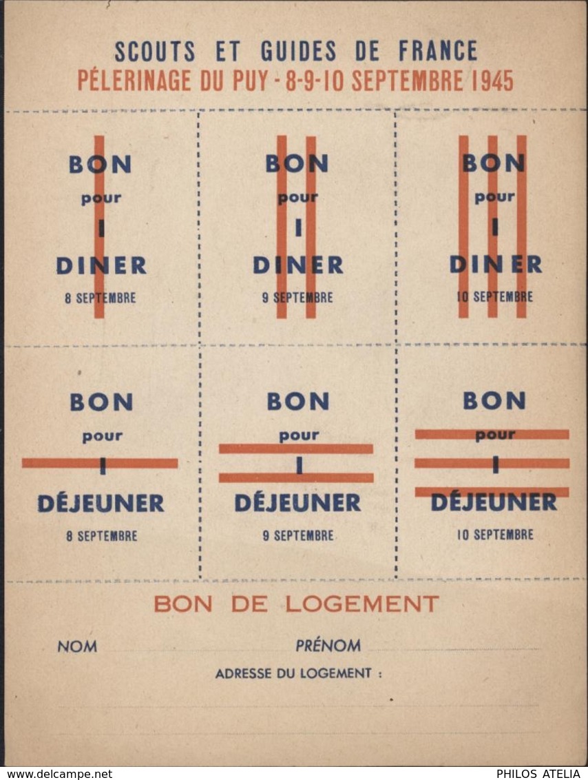 Scout Scoutisme Guide De France Pèlerinage Puy Septembre 1945 Bon Pour Dîner Déjeuner Logement - Bons & Nécessité