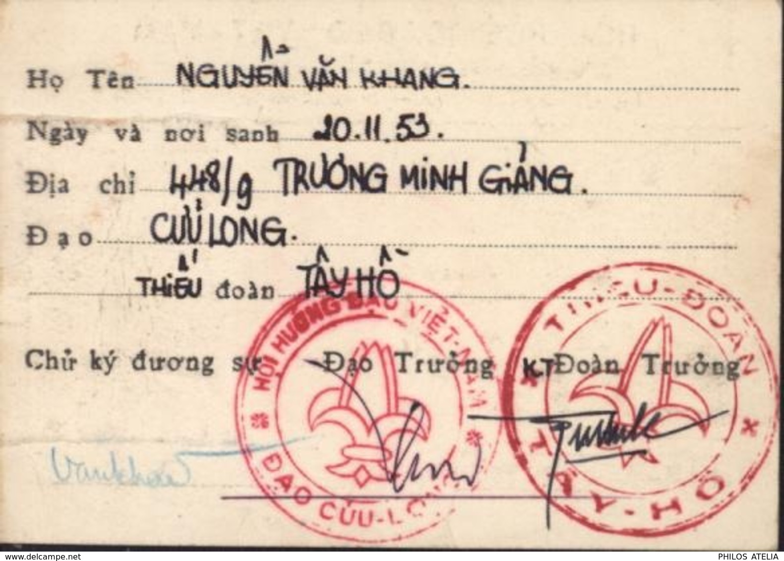 Scoutisme Carte Scout Sap San Cachet Hoi Huong Dao Viêt Nam Vietnam Dos Cachets Dao Cuu Long + Tay Ho - Autres & Non Classés