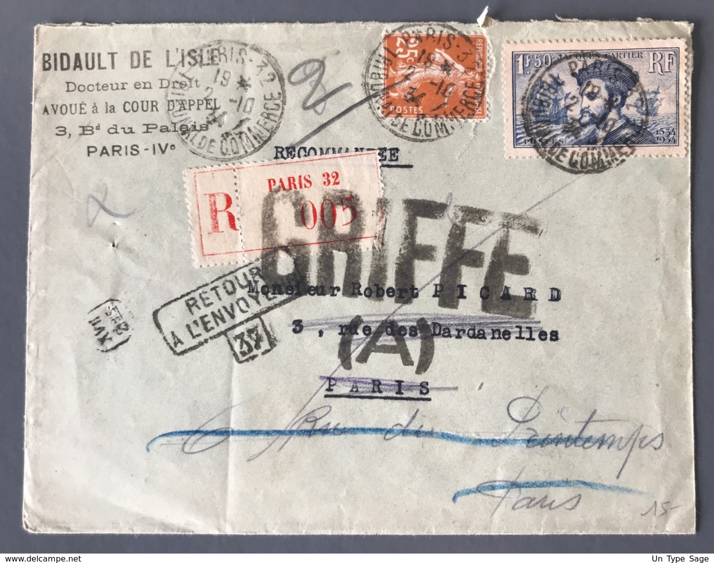 France N°235 Et 297 Sur Lettre Recommandée 1934. GRIFFE + Divers - (B2468) - 1921-1960: Modern Period