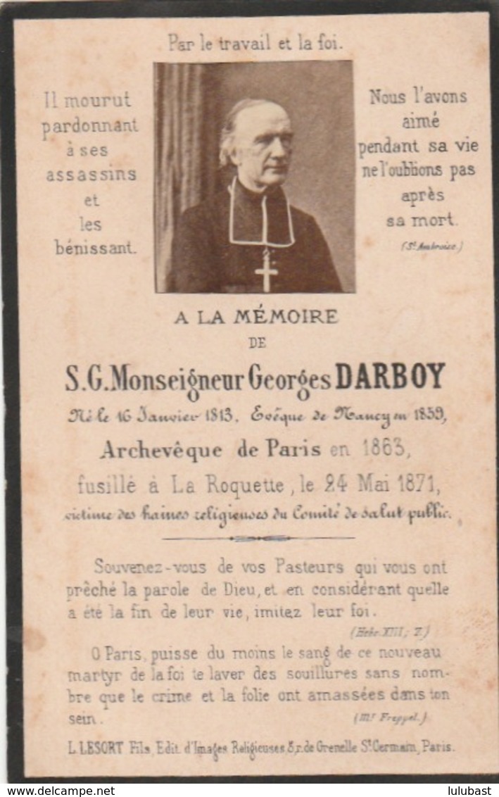 Faire-part De Décès De Mgr Georges DARBOY, Archevêque De Paris, Fusillé à La Roquette  Le 24 Mai 1871. (fin De La Commun - Décès