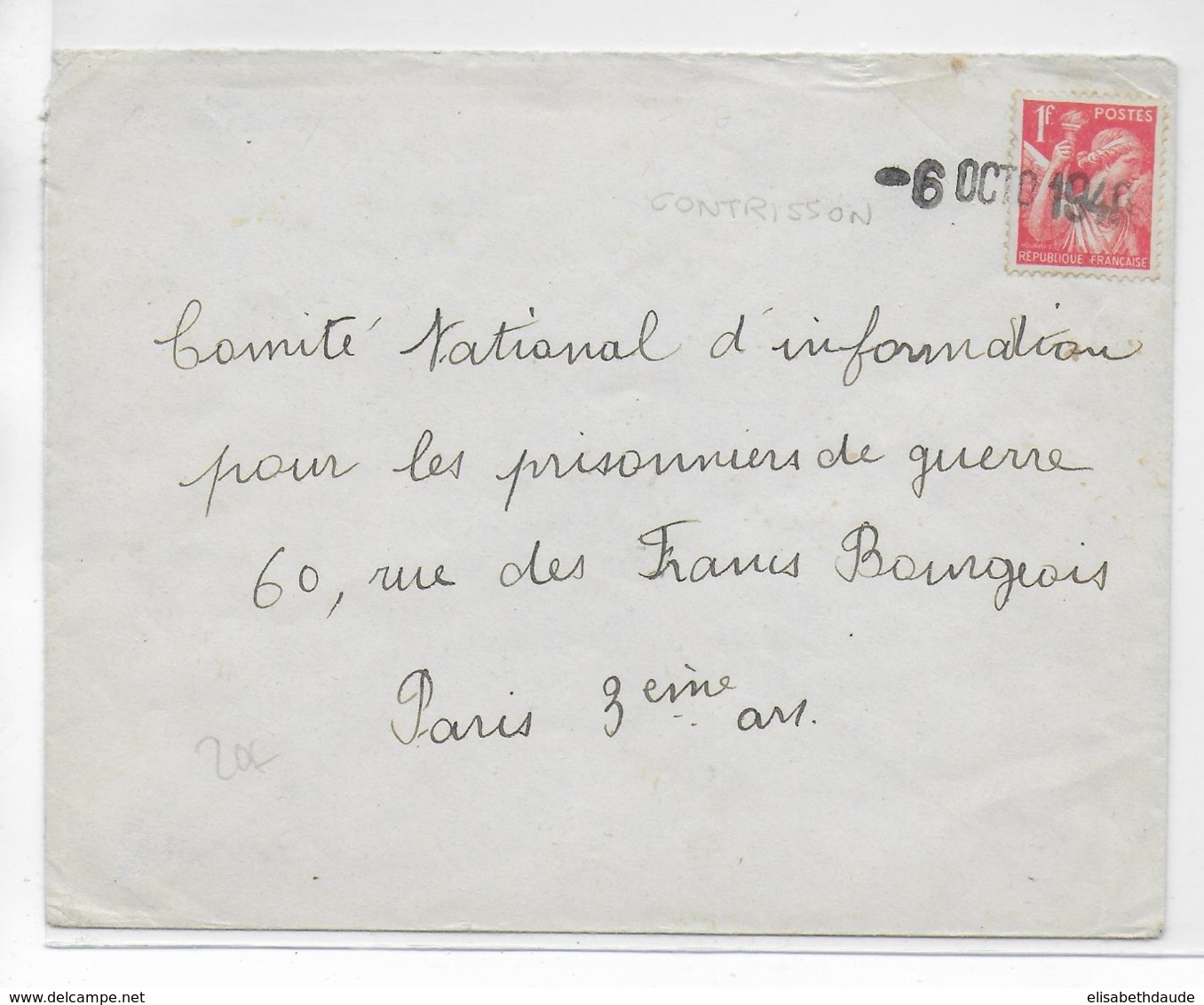 1940 - MARQUE De FORTUNE - MEUSE - LETTRE Avec MARQUE PROVISOIRE De CONTRISSON => PARIS - IRIS - 1921-1960: Période Moderne