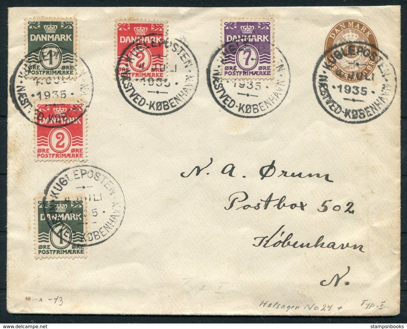 1935 Denmark Naestved - Copnehagen Kugleposten On Uprated Stationery Cover - Covers & Documents