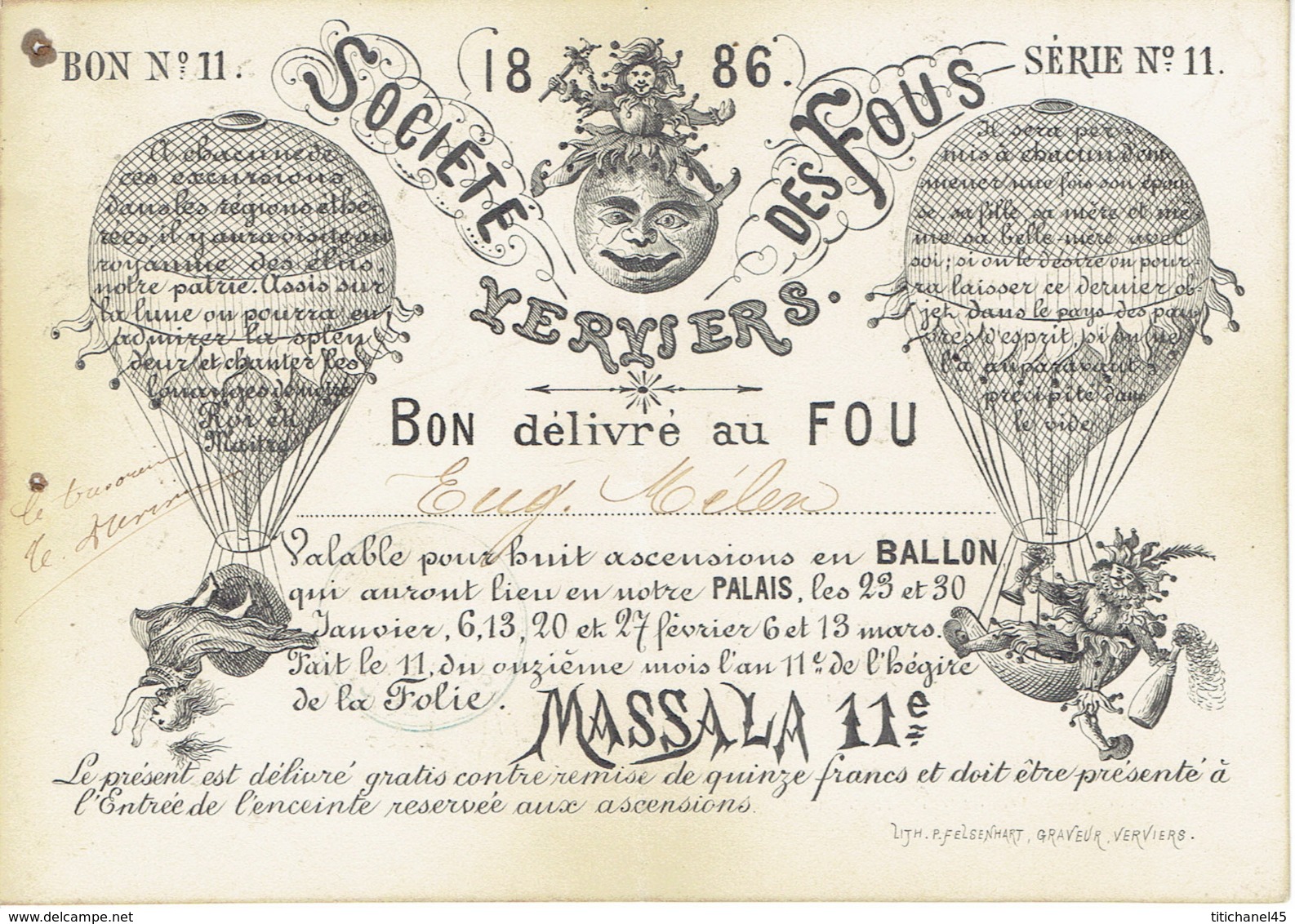 1866 VERVIERS - Rare & Superbe Document De La SOCIETE DES FOUS : Bon Pour Huit Ascencions En BALLON (MONTGOLFIERE) - Documents Historiques