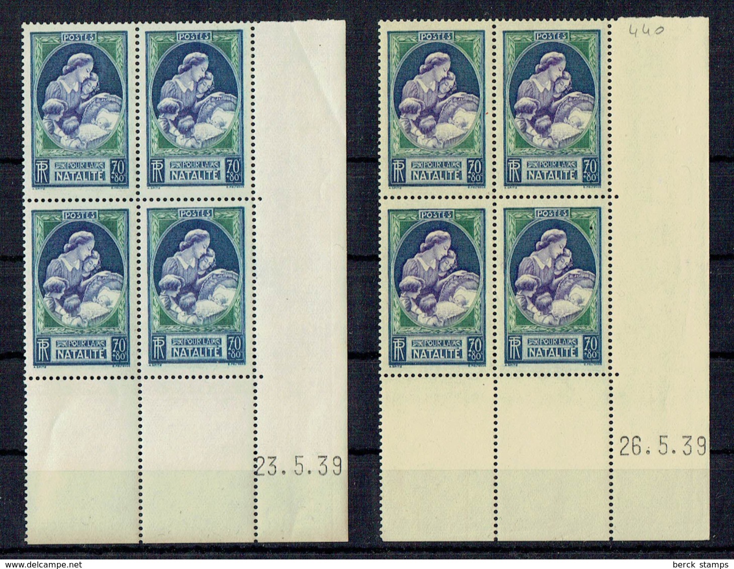 FRANCE - N° 440a ** - Variété BLEU .... Au Lieu De Violet En Bloc De 4 COIN DATE. RARE - MNH - 23/9/35 - Ongebruikt