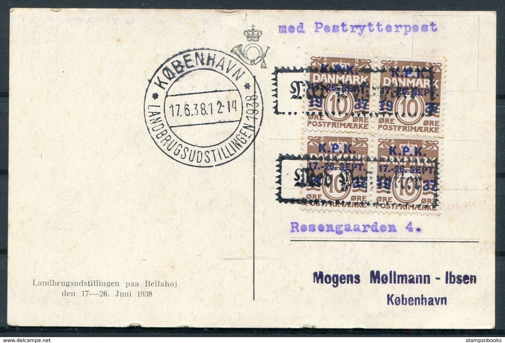 1938 Denmark Copenhagen Landbrugsudstillingen Paa Bellahej Postcard. First Day Of Exhibition. KPK Overprints - Covers & Documents