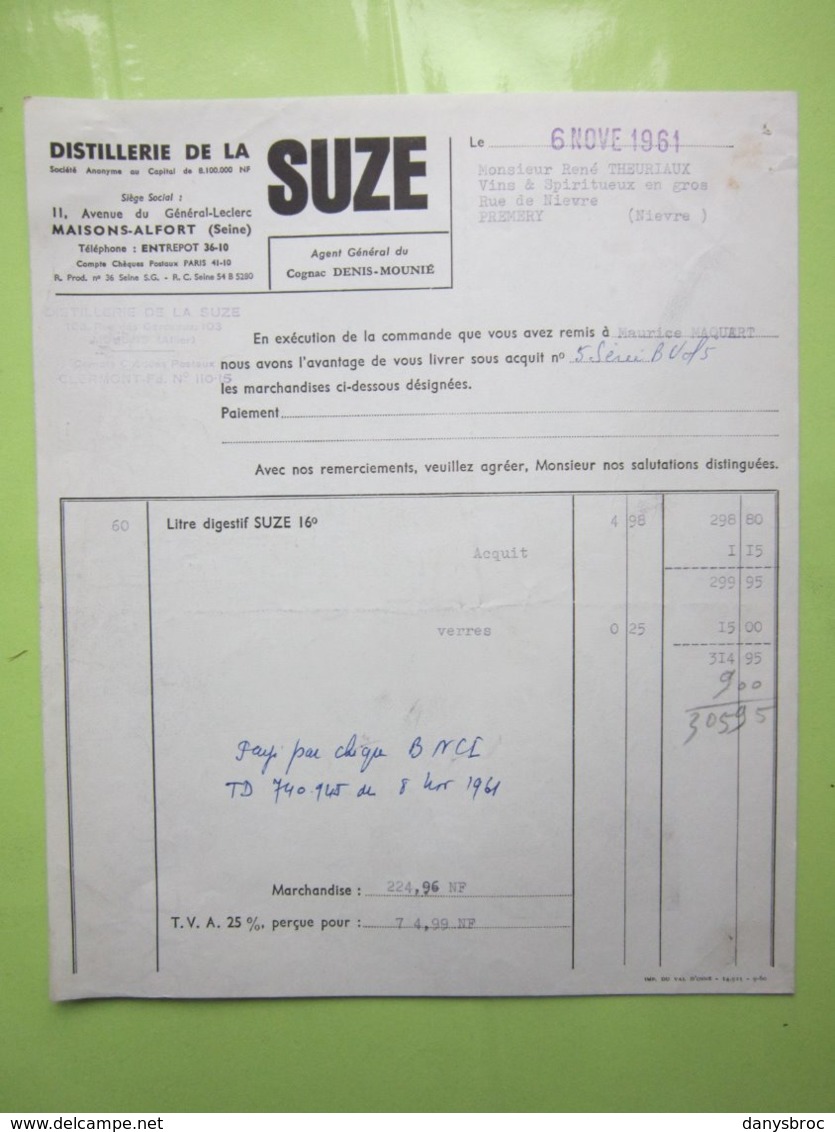 Distillerie De La SUZE à MOULINS (03) FACTURE Du 6/11/1961 - Lebensmittel