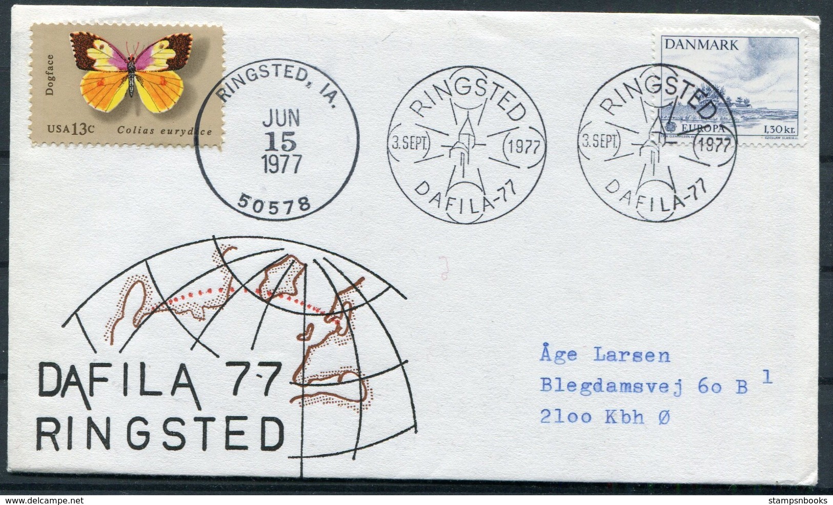 1977 Denmark DAFILA '77 Ringsted Philatelic Exhibition Euopa Cover. Ringsted Indiana, USA Butterfly - Covers & Documents