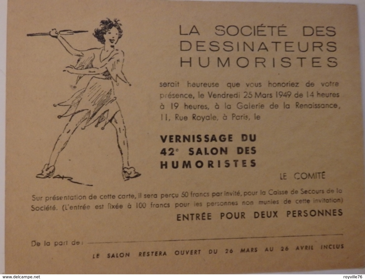 Carte Dinvitation Au Vernissage Du 42 éme Salon Des Humoristes à La Galerie De La Renaissance 11, Rue Royale à Paris. - Non Classés