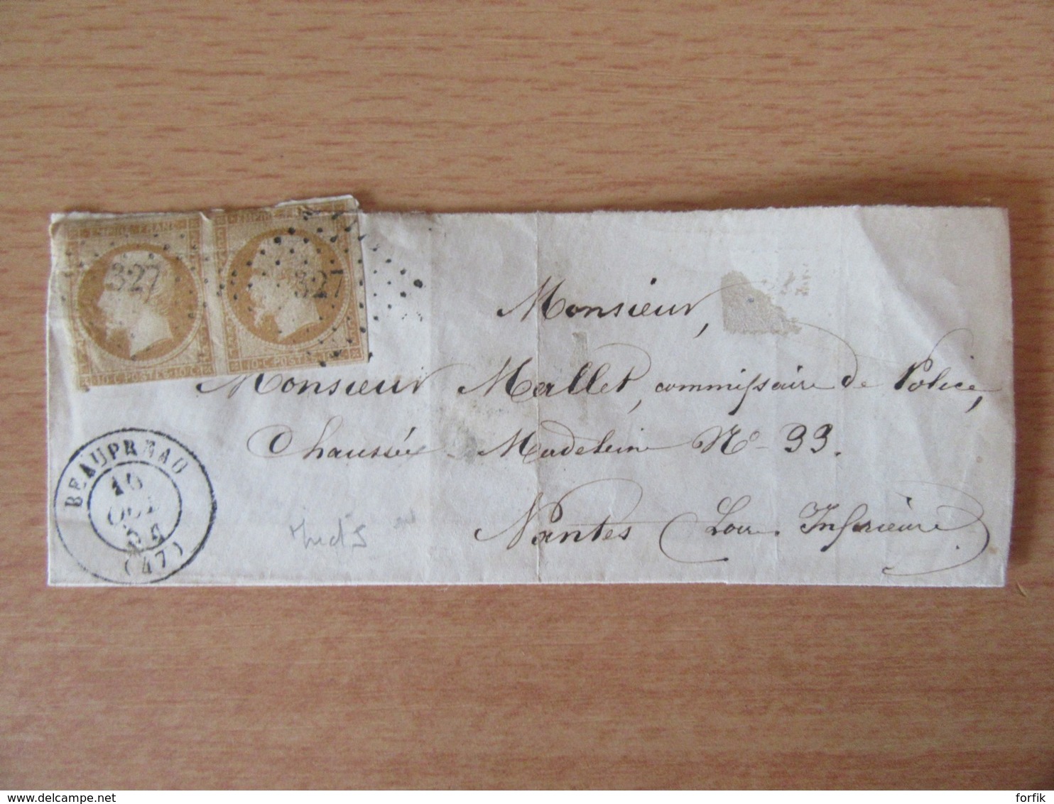 Timbre Napoléon III 10c Non-dentelé, Paire Horizontale YT N°13A Sur Façade - PC 327 Beaupréau - 1854 - 1862 Napoléon III