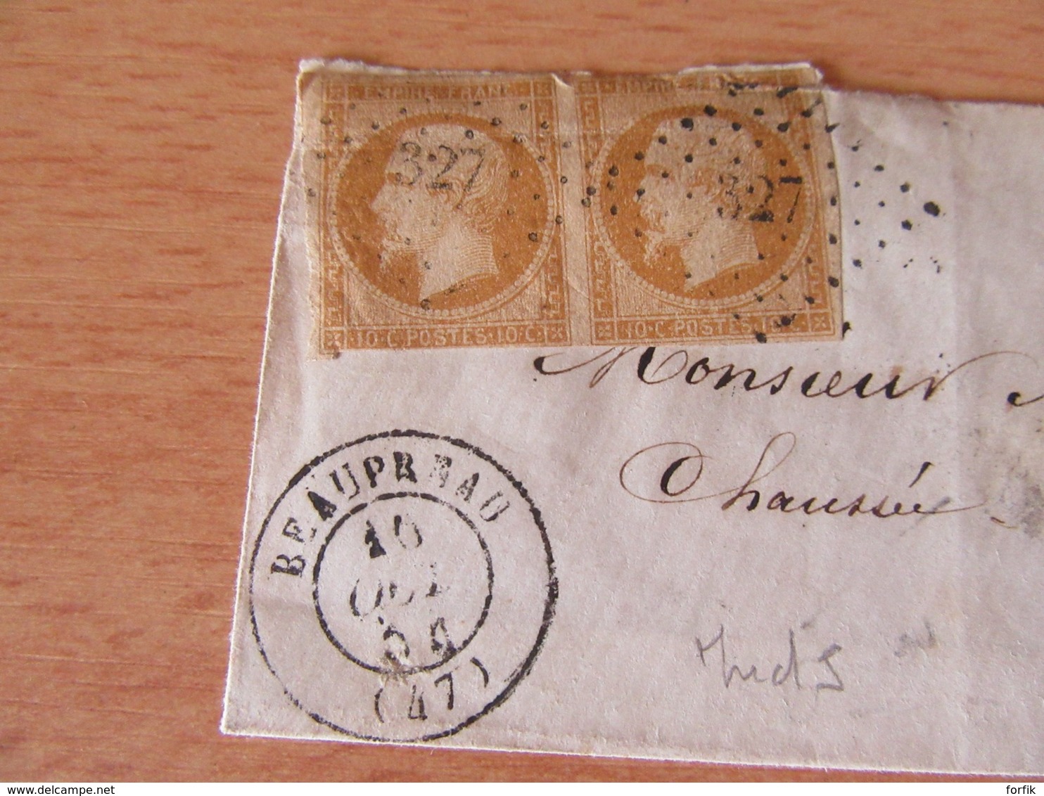 Timbre Napoléon III 10c Non-dentelé, Paire Horizontale YT N°13A Sur Façade - PC 327 Beaupréau - 1854 - 1862 Napoléon III