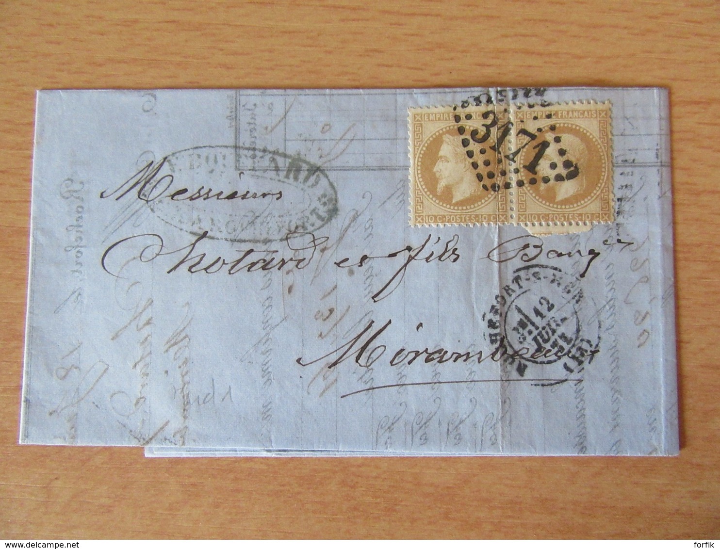 Timbres Napoléon III Lauré (paire) YT N°28B Sur Lettre - GC 3171 Rochefort Vers Mirambeau - 1871 - 1863-1870 Napoleon III With Laurels