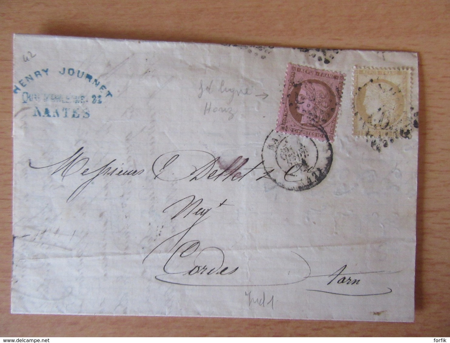 Timbres Cérès 15c Et 10c YT N°55 Et 58 (fond Ligné) Sur Lettre - GC 2602 Nantes Vers Cordes - 1874 - 1871-1875 Ceres