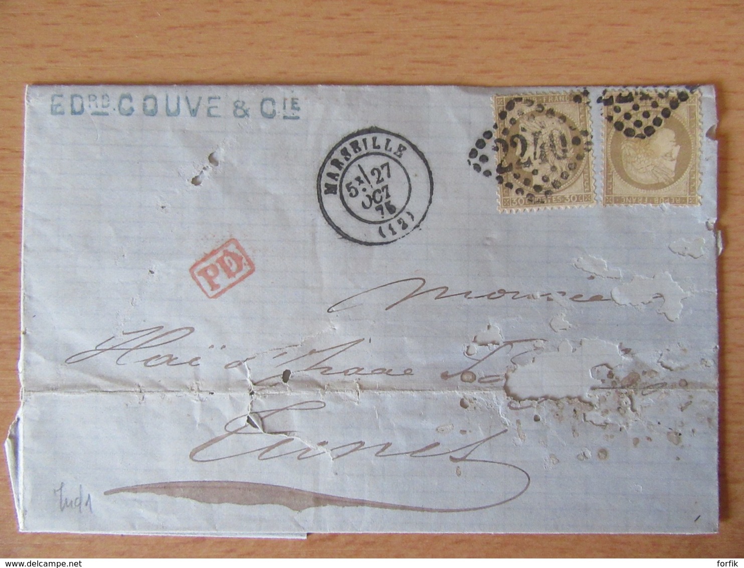 Timbres Cérès 30c YT N°56 Sur Lettre - GC 2240 Marseille - Cachet PD Rouge - 1875 - 1871-1875 Ceres