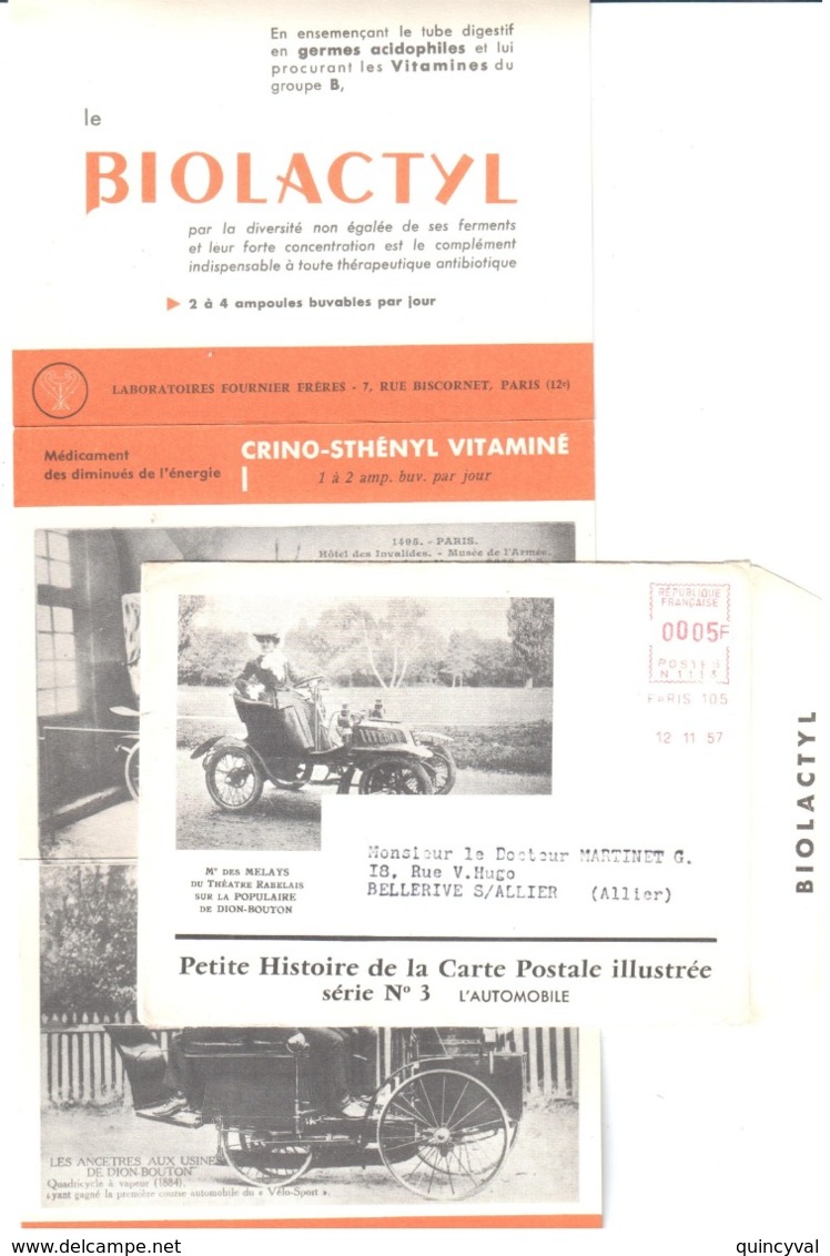 PARIS 105 EMA N1113 Ob 1957 F Imprimé Sur Enveloppe Illustrée Publiciaire Médicament BIOLACTYL - EMA ( Maquina De Huellas A Franquear)