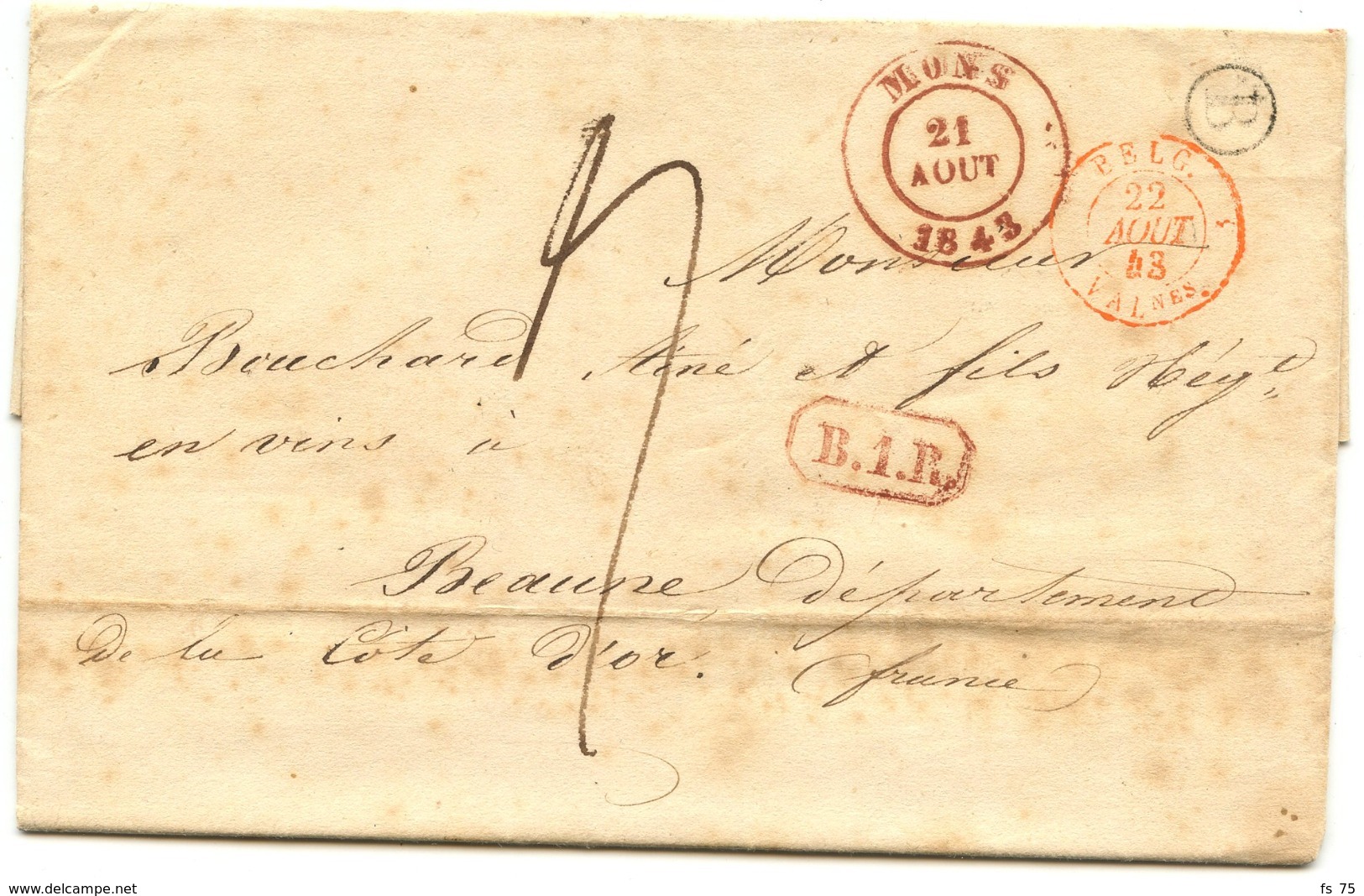 BELGIQUE - CAD MONS + BOITE B  SUR LETTRE AVEC TEXTE DE QUAREGNON  POUR LA FRANCE, 1843 - 1830-1849 (Unabhängiges Belgien)