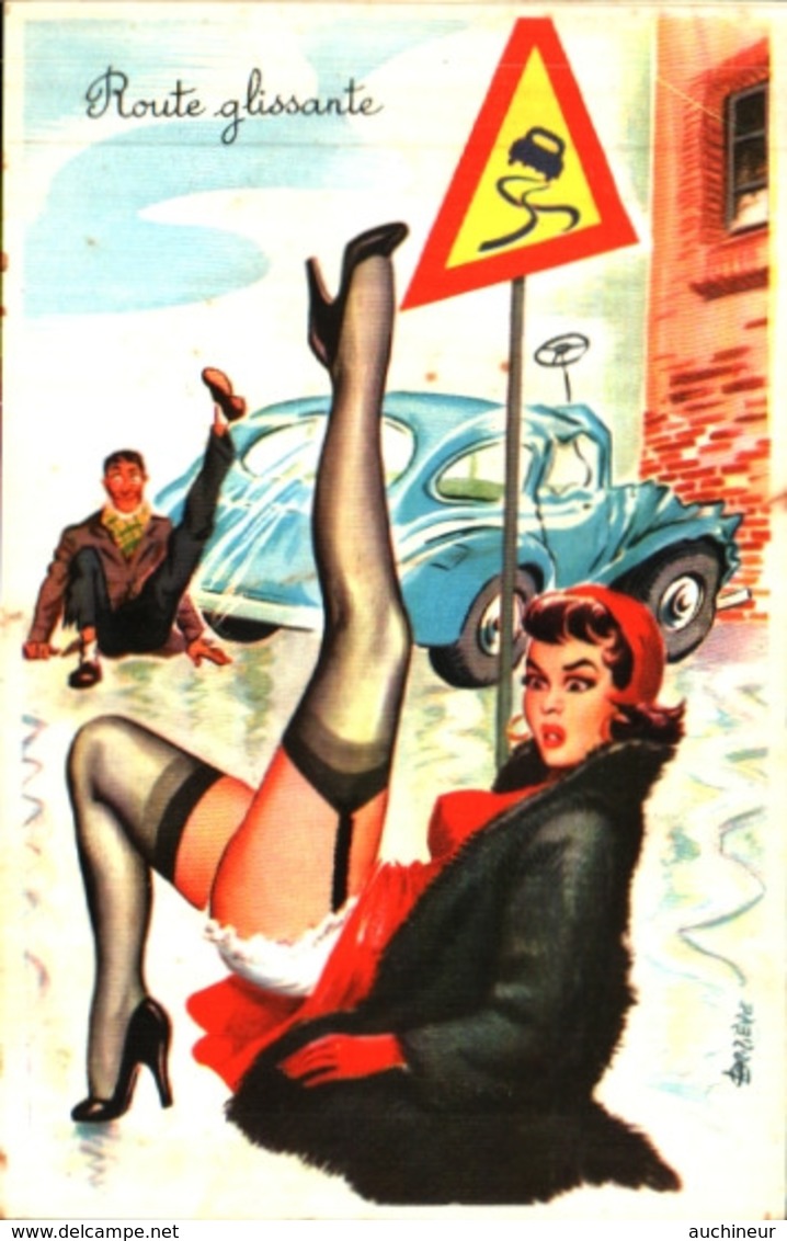 Illustrateur Carriere - Pin-up, Auto - Route Glissante (cursives Glissante - Carrière, Louis