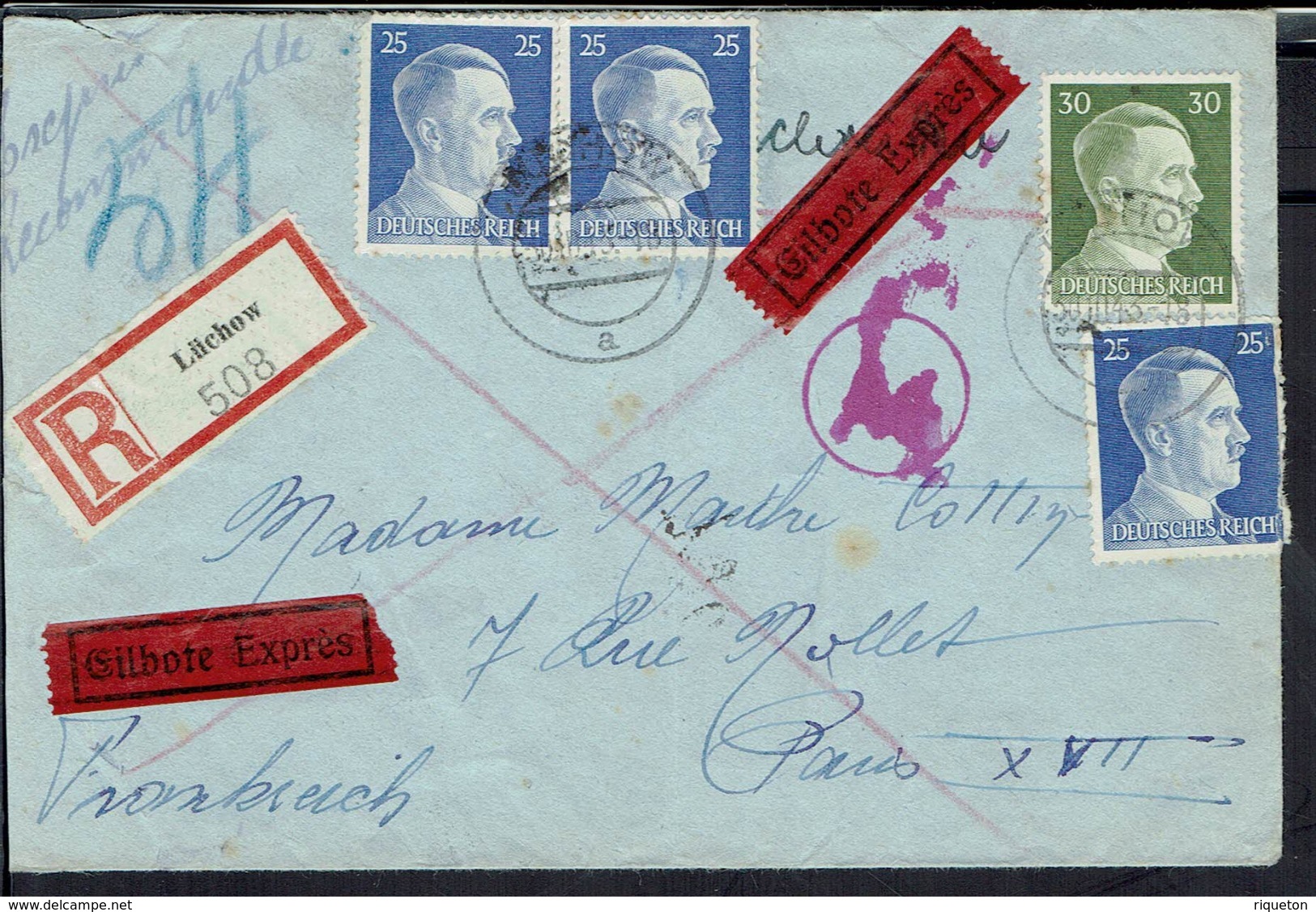 1943 - Affranchissement Adolf Hitler Sur Enveloppe Exprès En Recommandé De Luchow Pour Paris - Contrôle De Censure -B/TB - Covers & Documents